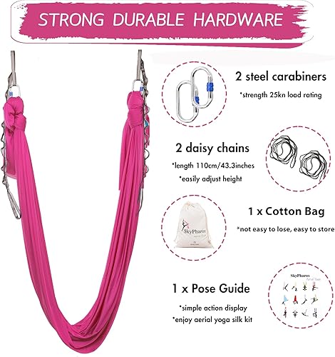 Miniatura 8 de Juego de columpio de yoga de seda aérea de 5.5 yardas, kit de hamaca de yoga aérea antigravedad para fitness, accesorios de tela de tricot de nailon