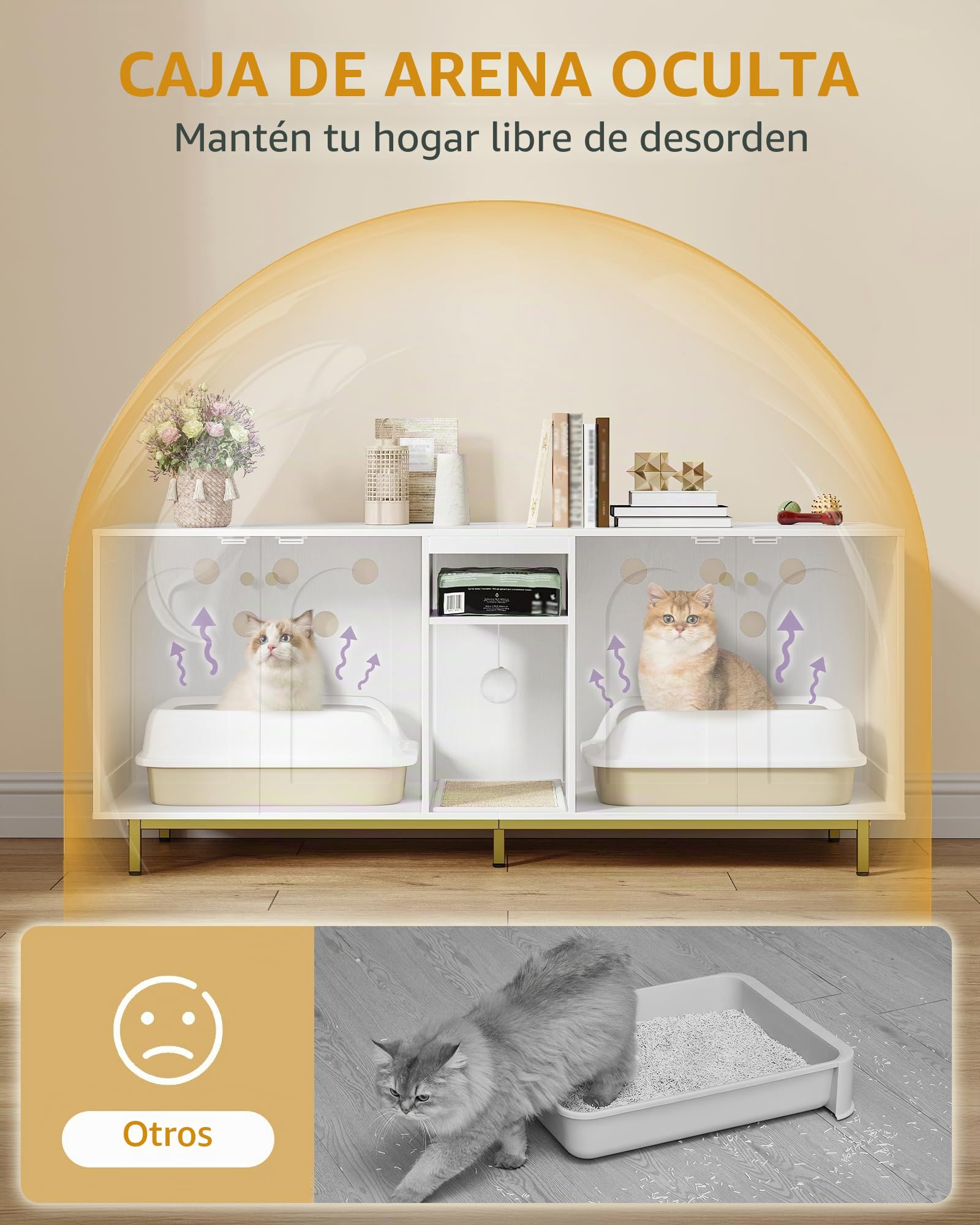 Hzuaneri Mueble Arenero Gato, Oculto para Arenero con Espacio de Almacenamiento, Bola para Gatos, Mueble de TV o Armario de Almacenamiento, 140 x 48 x 62 cm, Blanco-Oro CB86513A