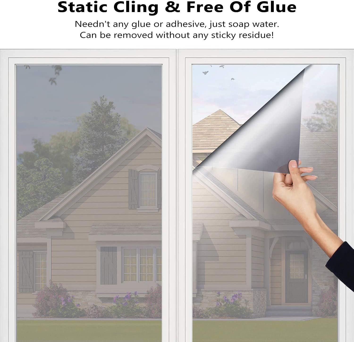 HooTown Fenster Sichtschutz Folie, Spiegelfolie One Way Reflektierende Fensterfolie, UV-Schutz Sonnenschutz & Wärmeisolierung Tönungsfolie für Büro und Haus [60x400 cm] - Silber