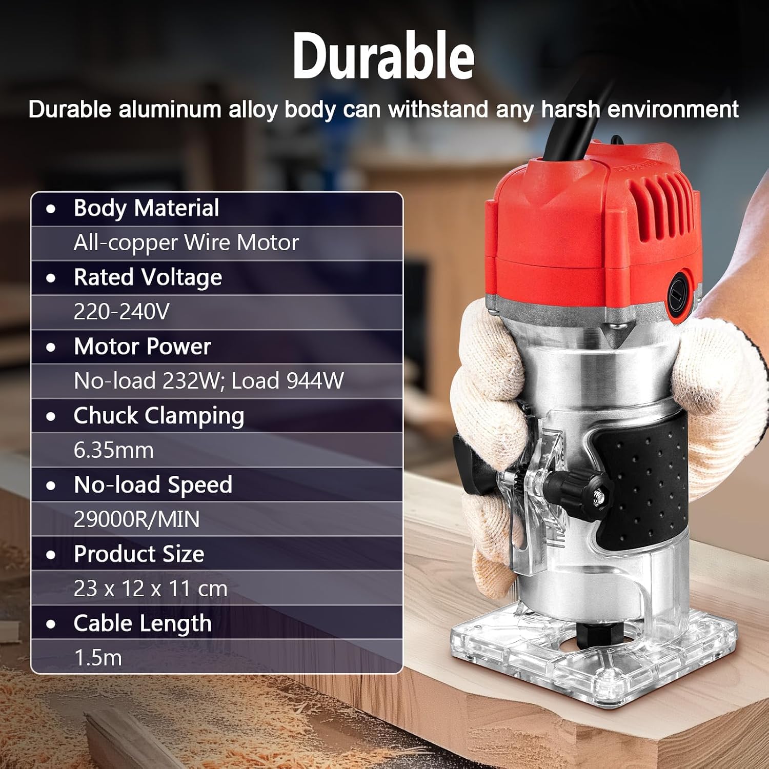Défonceuse Palm Router 800W, Vitesse Variable 10000-33000 TR/Min, Fraise à Bois Compacte Électrique avec Mandrin 1/4" et Kit de Fraises de 15 Pièces pour Chant, Rainure, Chanfrein, Bricolage,Red