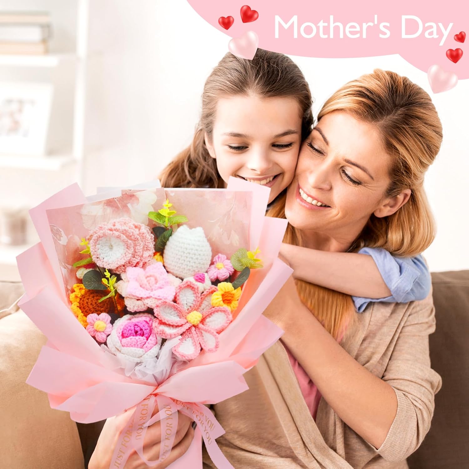 Large Crochet Flowers Bouquet – Handmade Knitted Tulips, Carnations, Sunflowers, Roses – Gift for Women for Valentine's Day, Anniversary, Birthday, Mother's Day, Wedding or Home Decor (Pink, 15.75″) - Image 7