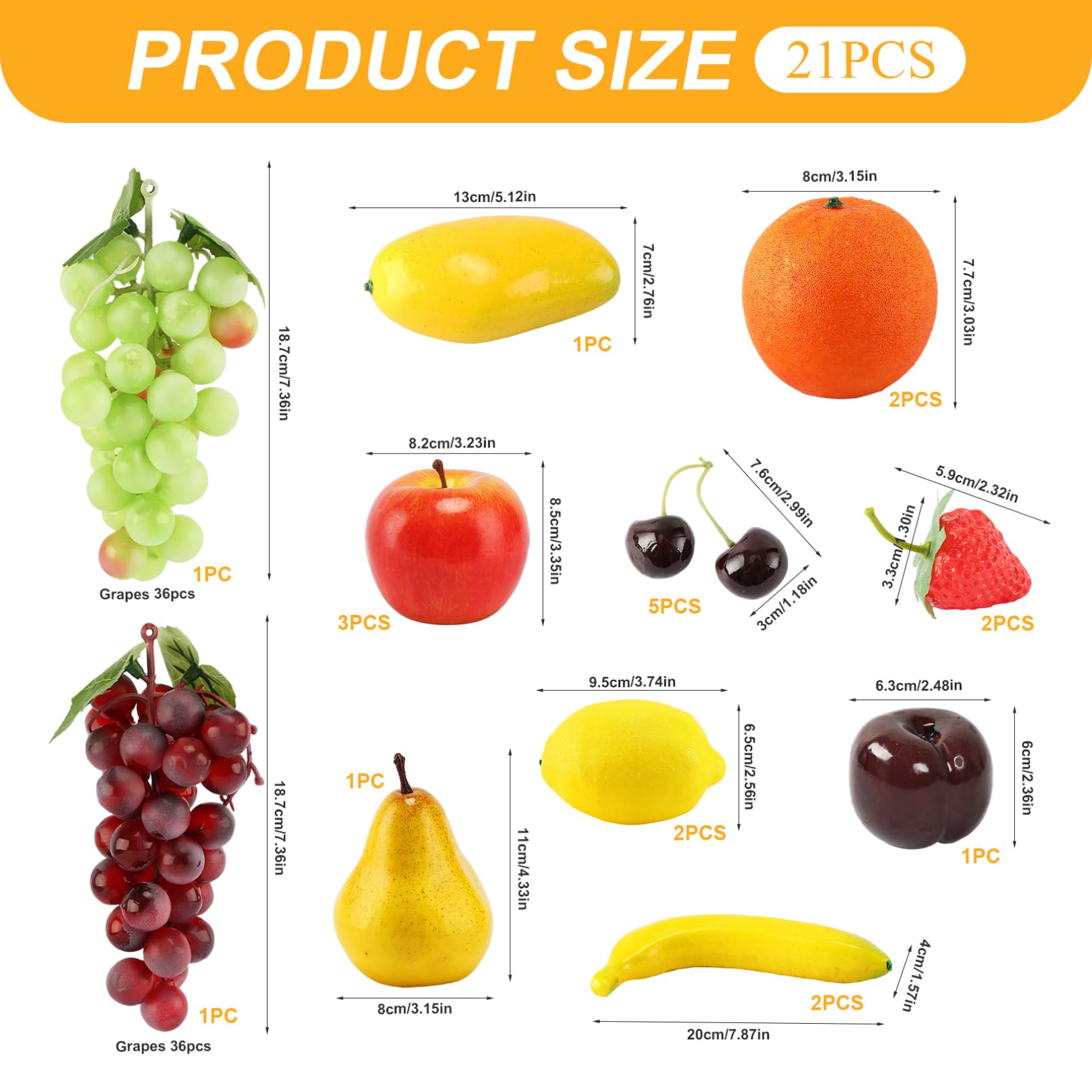 21 pezzi di frutta artificiale che sembrano reali, realistici in schiuma, uva, banane, per la cucina del Ringraziamento, tavolo da pranzo, cestino, decorazioni, display, oggetti di scena per la fotog