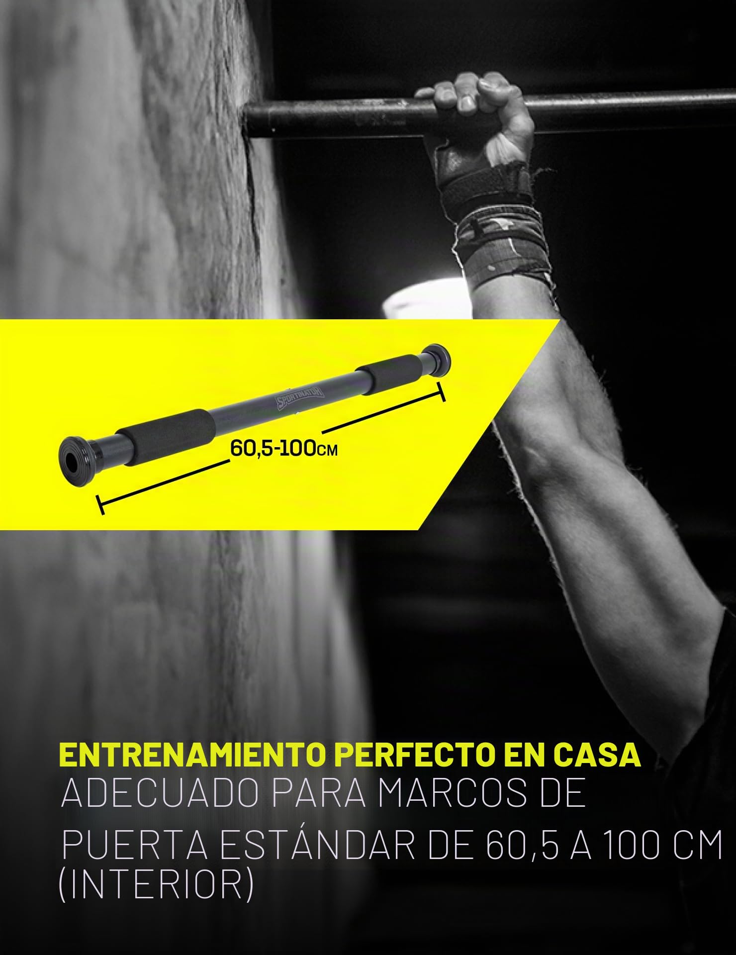 SPORTINATOR® Barra de dominadas para montar en el marco de la puerta para el gimnasio en casa. Longitud de 60 a 102 cm, compacta, segura y rápida, sin taladrar, soporta hasta 150 kg