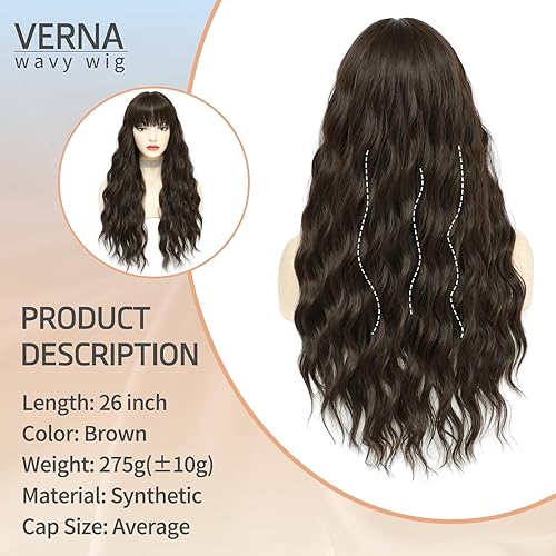 Miniatura 2 de VERNA Peluca larga marrón con flequillo, pelucas de cabello castaño de 26 pulgadas de largo para mujer, peluca rizada marrón de aspecto natural,