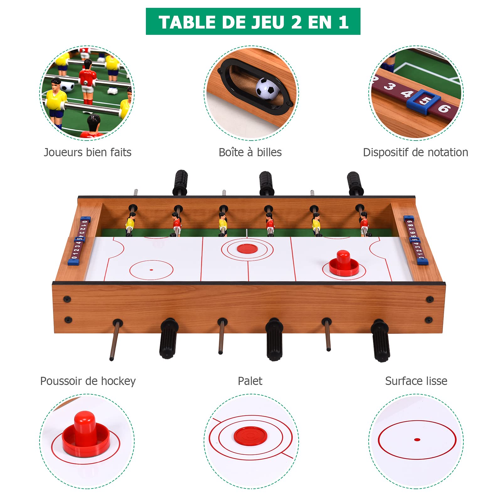 DREAMADE 2 en 1 Table de Jeu Multifonctionnelle en Bois Baby Foot + Hockey Accessoires Riches Utilisation Large pour Maison Bureau Camping