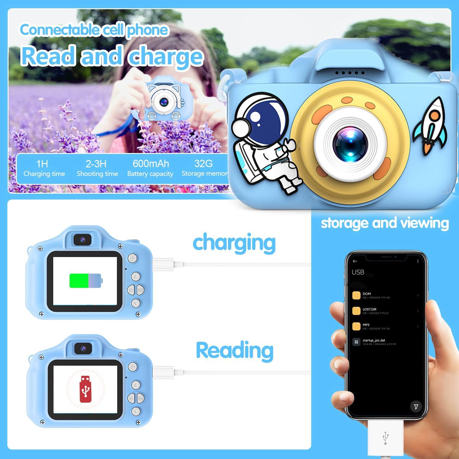 Kids Camera Toys Toddler Digital Camera for Boys Girls, Selfie 1080P HD Video Camera for 3 4 5 6 7 8 9 Year Old Boys Girls with 32GB TF Card,Kids Birthday Gifts for Kids (Blue-Astronaut) - Image 7