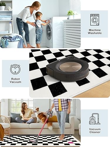 Miniatura 3 de Wonnitar Alfombra moderna a cuadros de 2 x 3 pies para entrada, alfombra de baño pequeña lavable en blanco y negro, antideslizante, diseño de