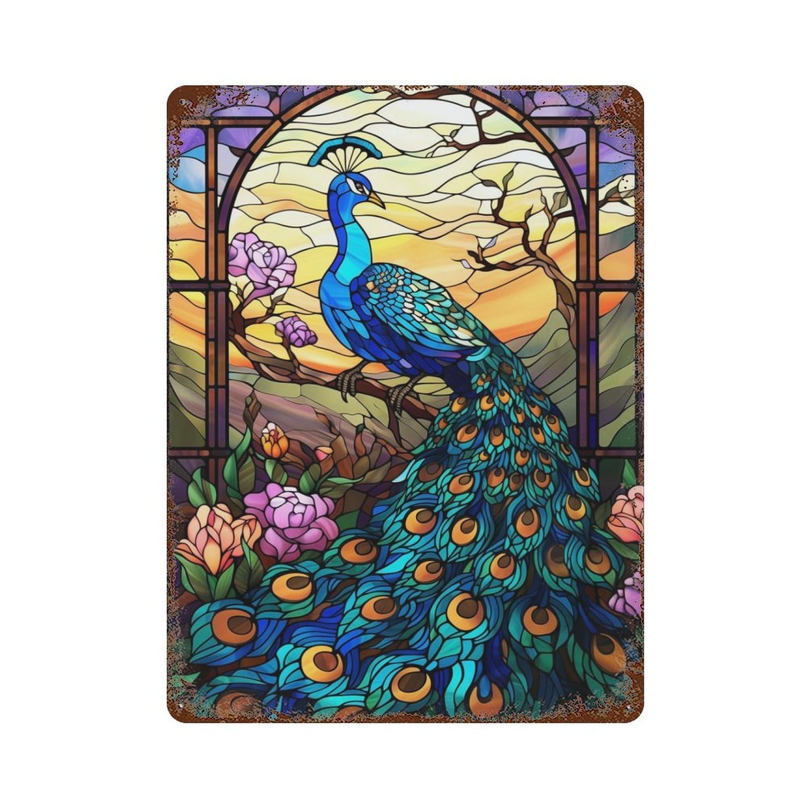 Rust Effect Peacock Stained Glass Aged Metal Wall Plaque 15.7"x11.8", Farmhouse Wall Decor for Office, Studio And Wall Decor