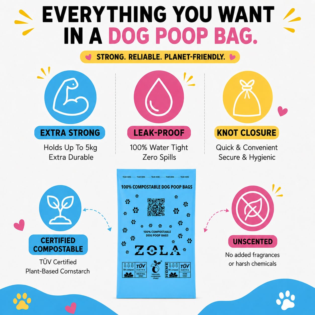 Sacchetti per cani compostabili al 100%, extra forti, a prova di perdite ed ecologici, 240 sacchetti grandi (23 x 32 cm) a base vegetale, certificati TÜV, senza plastica, rotoli blu per
