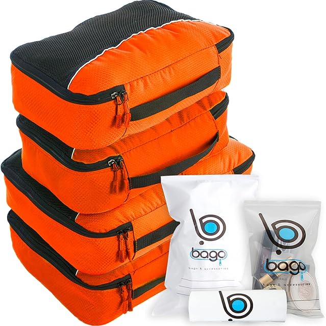 Bago Packing Cubes for Suitcases & Travel Bags - 7Pcs Luggage & Suitcase Organizer Bags Set - Compression Packing Cubes for Travel Organizer - 4 Travel Cubes plus 3 Zip Bags (Orange)