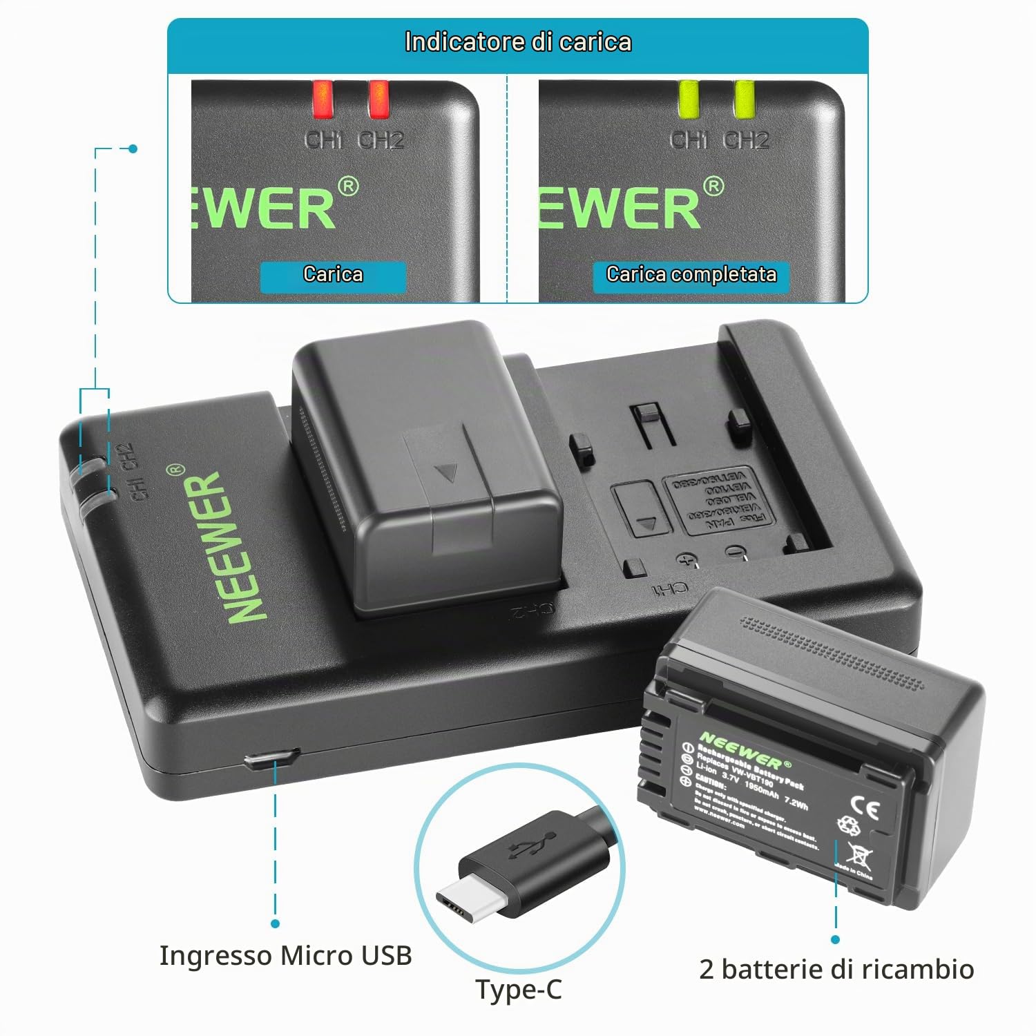 NEEWER VW-VBT190 Set Batteria Sostituiva e Caricatori USB a Doppio Canale, 2 Pack 1950mAh Batterie, Compatibile con Panasonic HC-V110 V130 V160 V180 HC-V201 V210 V250 HC-V380 HC-V510 V520 V550