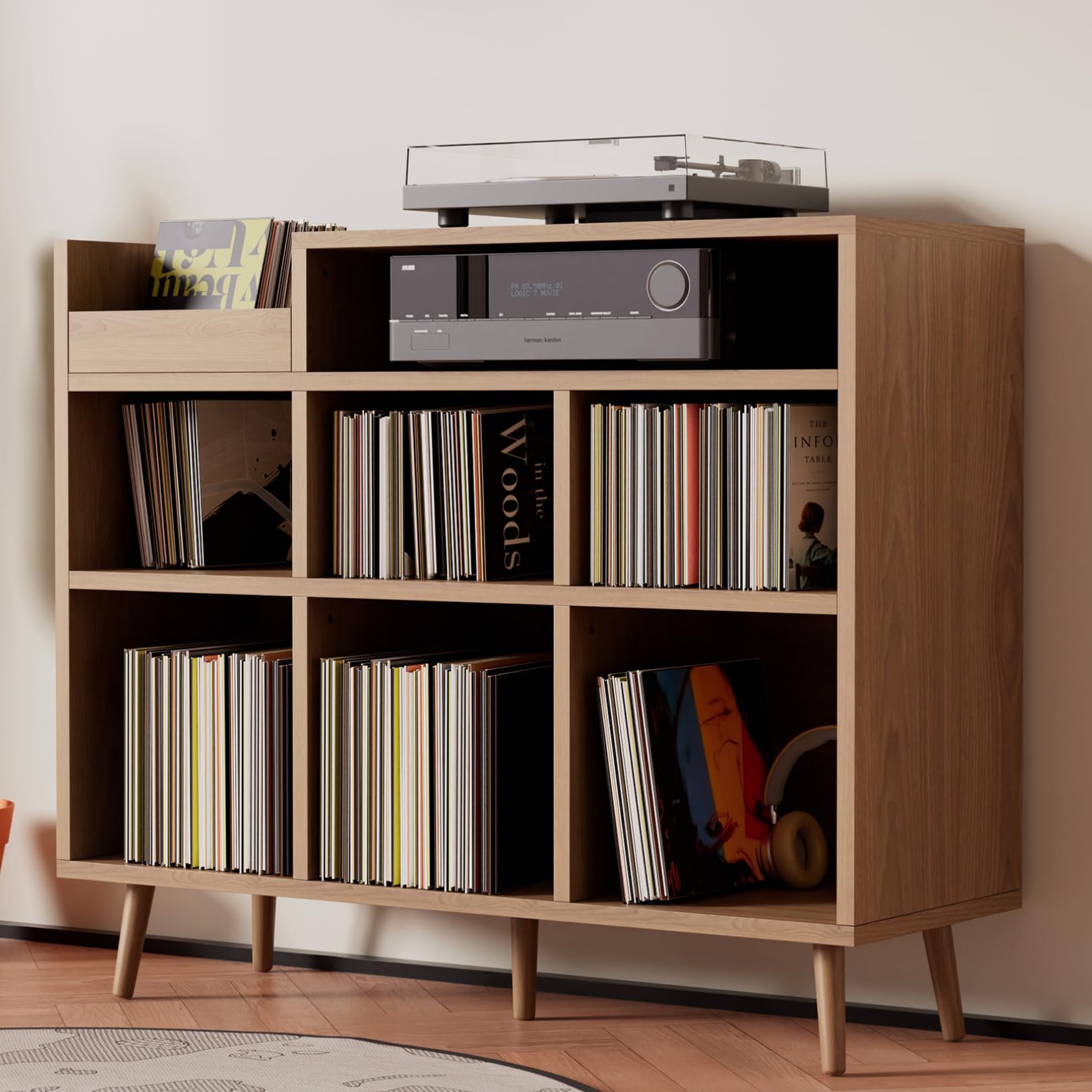 Cozy Castle Large Record Player Stand, Vinyl Storage Cabinet Mid Century Modern Turntable Stand Media Console Table Open Shelf Cube CD Album Holder Organizer for Living Room, Office, Brown
