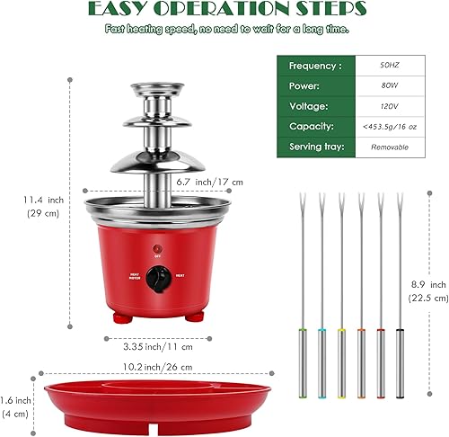 Miniatura 5 de MINI - Fuente de fondue de chocolate, juego de fondue de chocolate Electirc de acero inoxidable de 32 onzas, juego de 3 niveles con 6 tenedores de