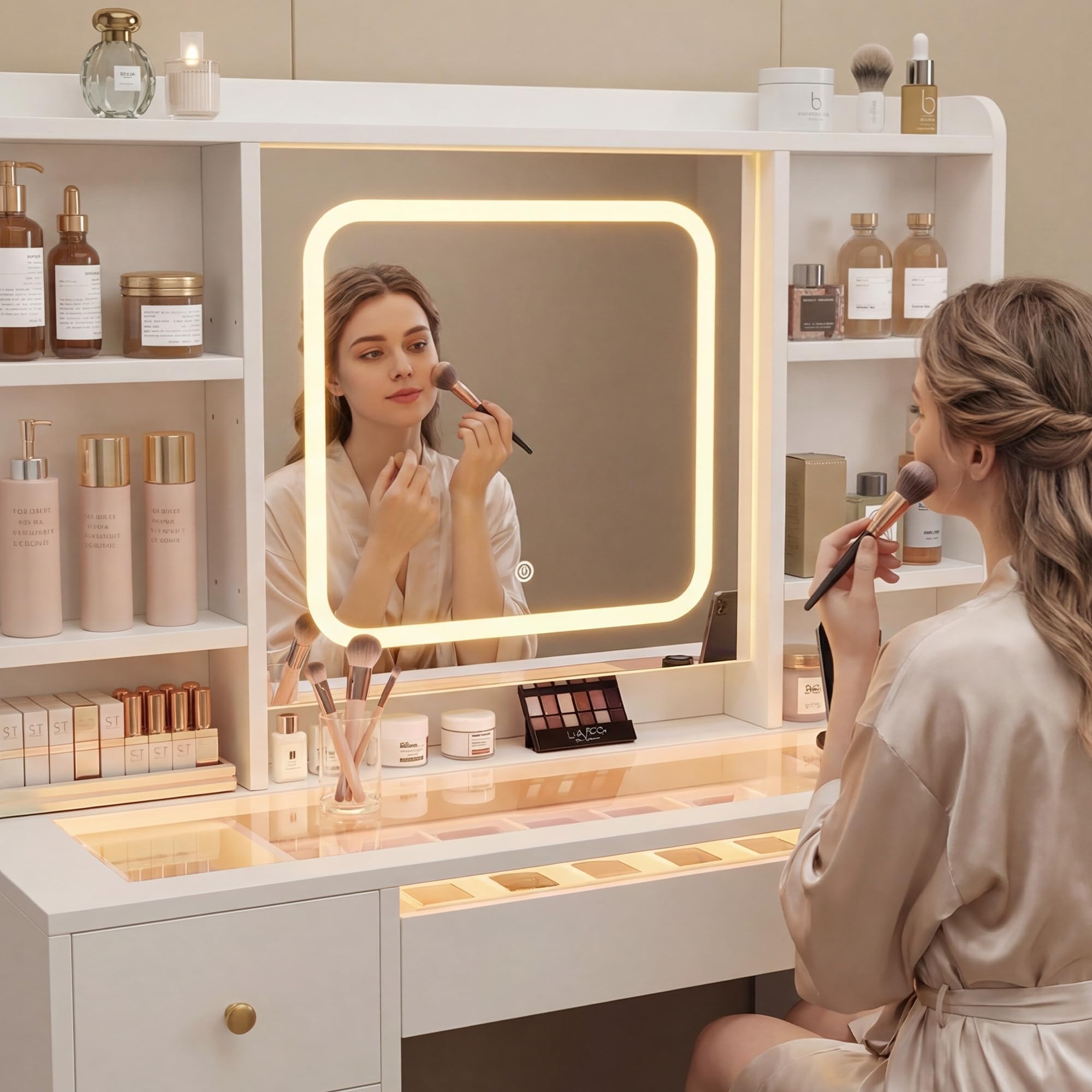 Toeletta Trucco con Luci LED Regolabili e Prese, Tavolo da Trucco con Specchio, Organizer, 9 Cassetti, 7 Ripiani, Porta Phon, per Camera da Letto e Cabina Armadio, Bianco JBDT001WT