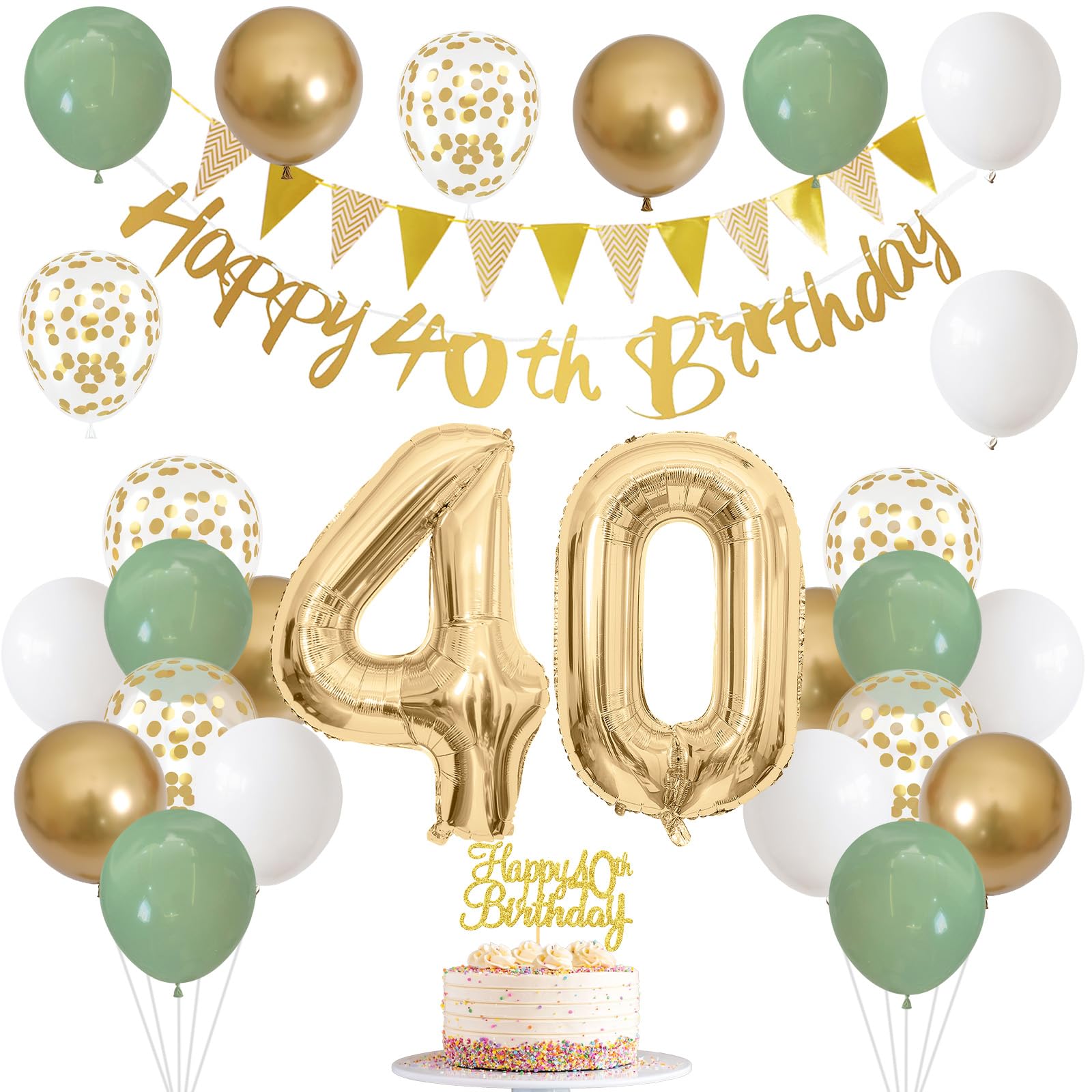 Sage Green White Gold 40th Birthday Balloons with Happy 40th Banner, Cake Topper, Foil Balloons for 40 Year Old Party Decoration