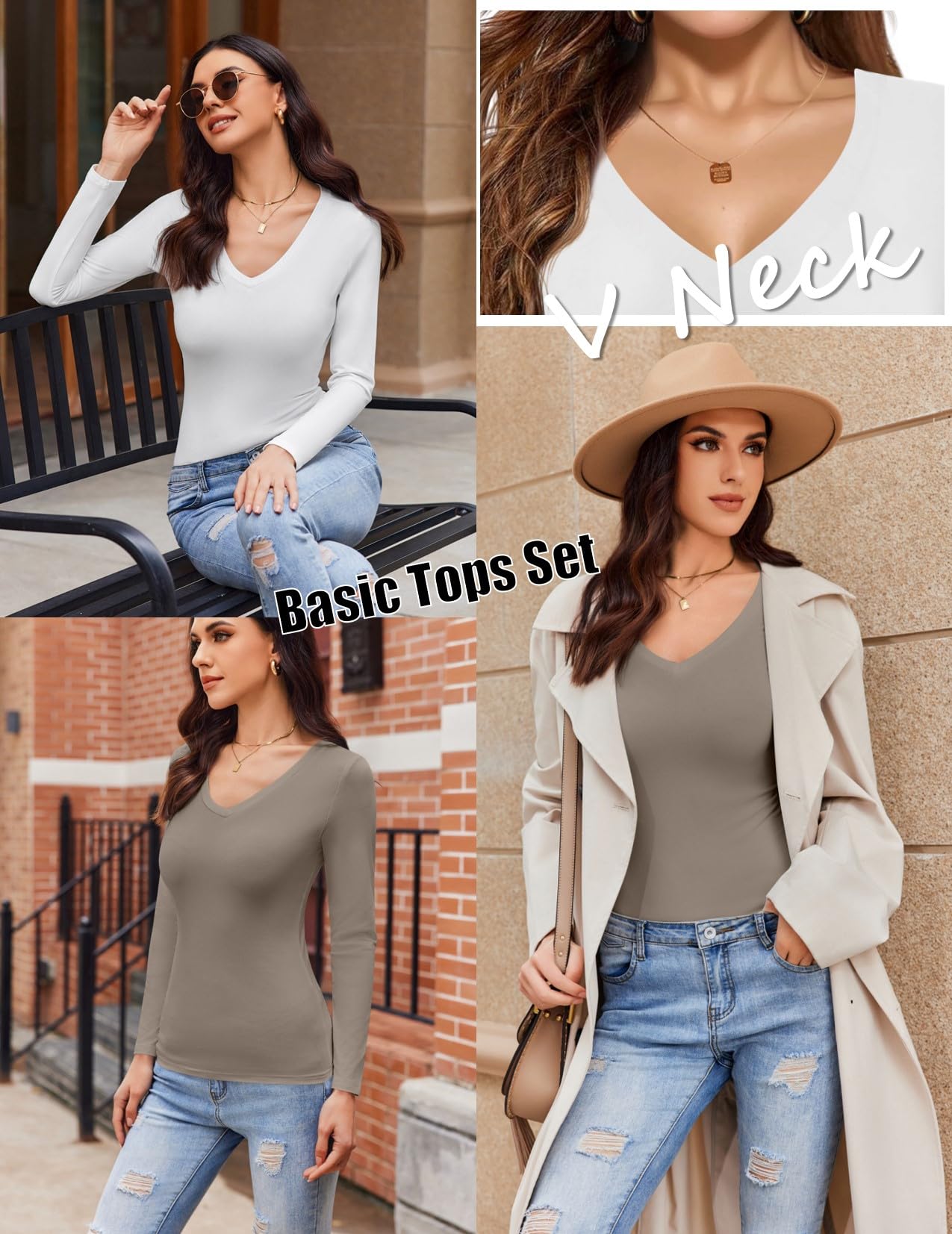 Ekouaer Conjunto de 3 Camisetas térmicas de Manga Larga Cuello en v para Mujer, Camiseta elástica Ajustada con Capa Interior XS-XXL