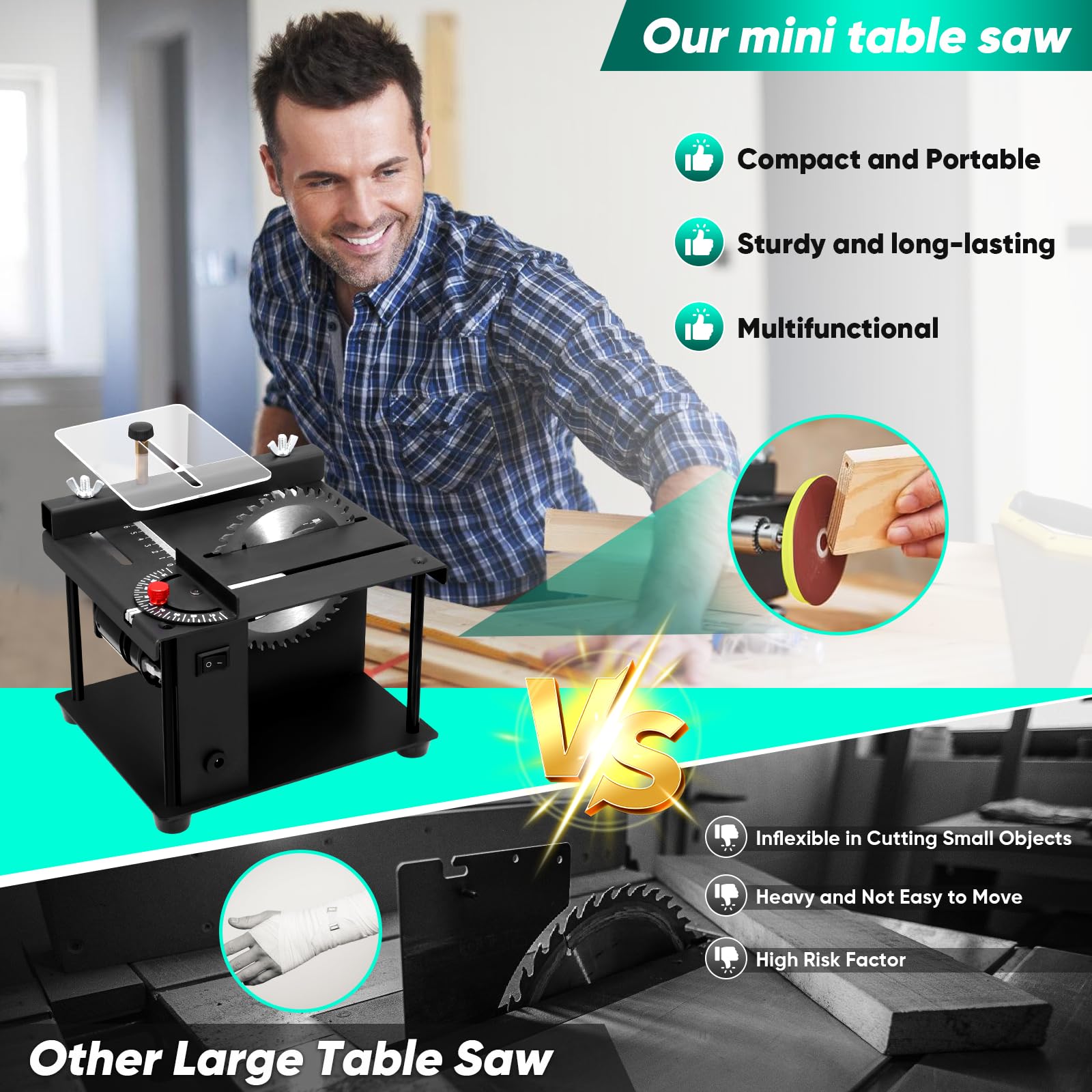 Mini Scie à Table, 200 W Multifonctionnelle Portable de PréCision, Mini Scie à Table Coupe Multifonctionnelle Avec PonçAge et Polissage, 4 Lames, Coupe de Levage 0,1 à 35 mm