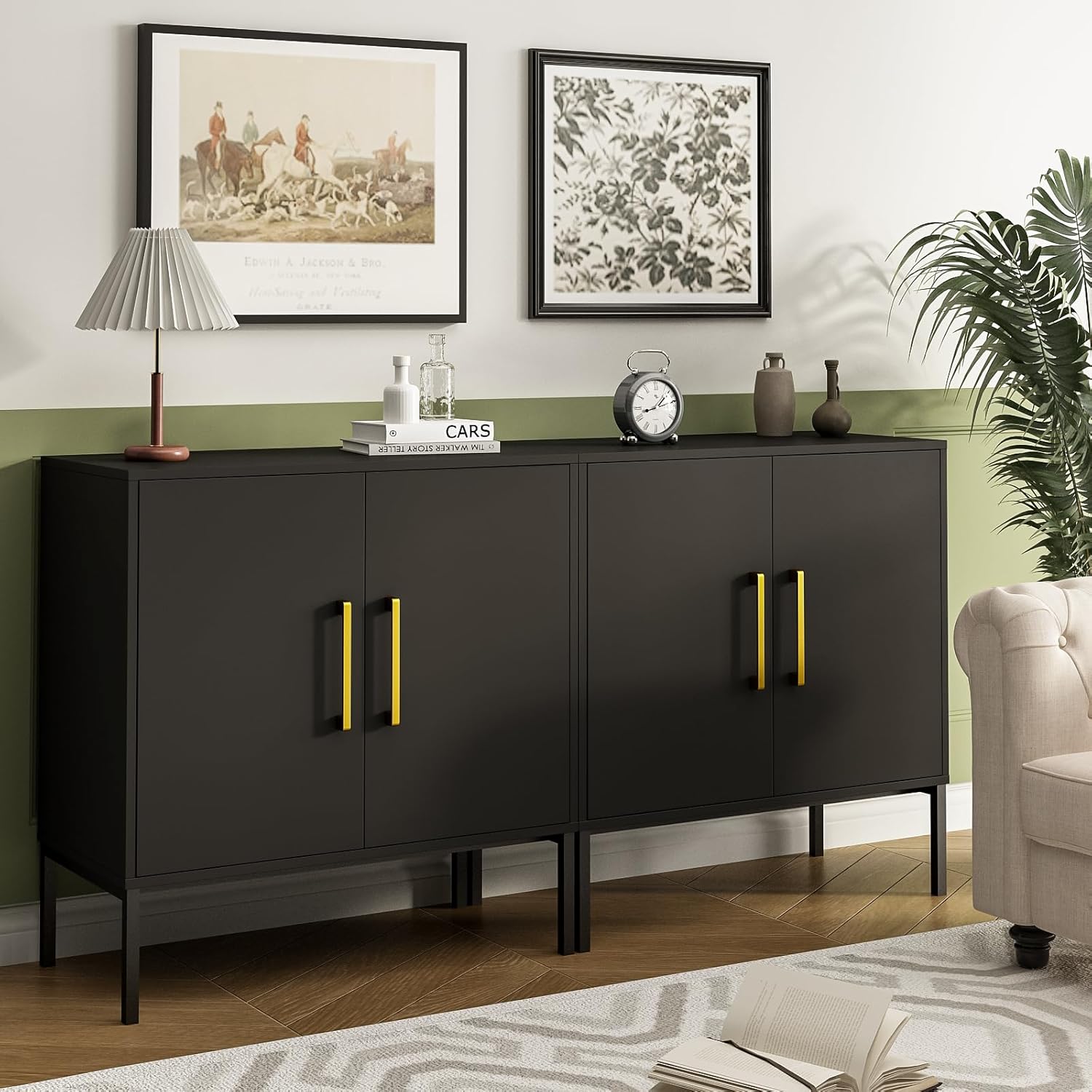 JOZZBY Buffet Sideboard Cabinet with Storage, Modern Wooden Cabinet with Adjustable Shelves, Black and Gold Cabinets for Living Room, Kitchen, Hallway, Set of 2