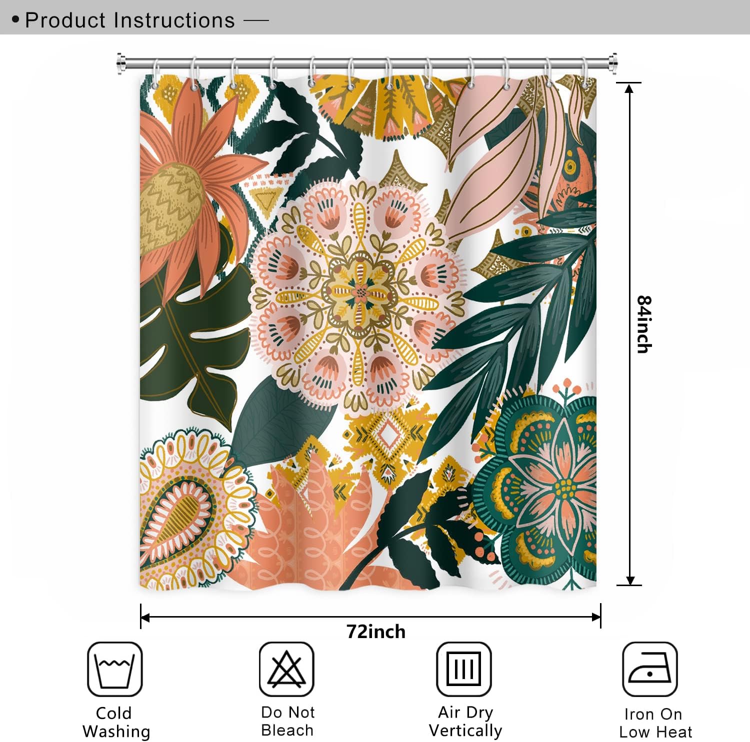 Bohemian Floral Bathroom Boho Abstract Tropical Leaves Flowers Shower Curtain with Hooks, Polyester Waterproof Fabric Paisley Unique Trendy Woman Shower Decor, 72x84 Inch