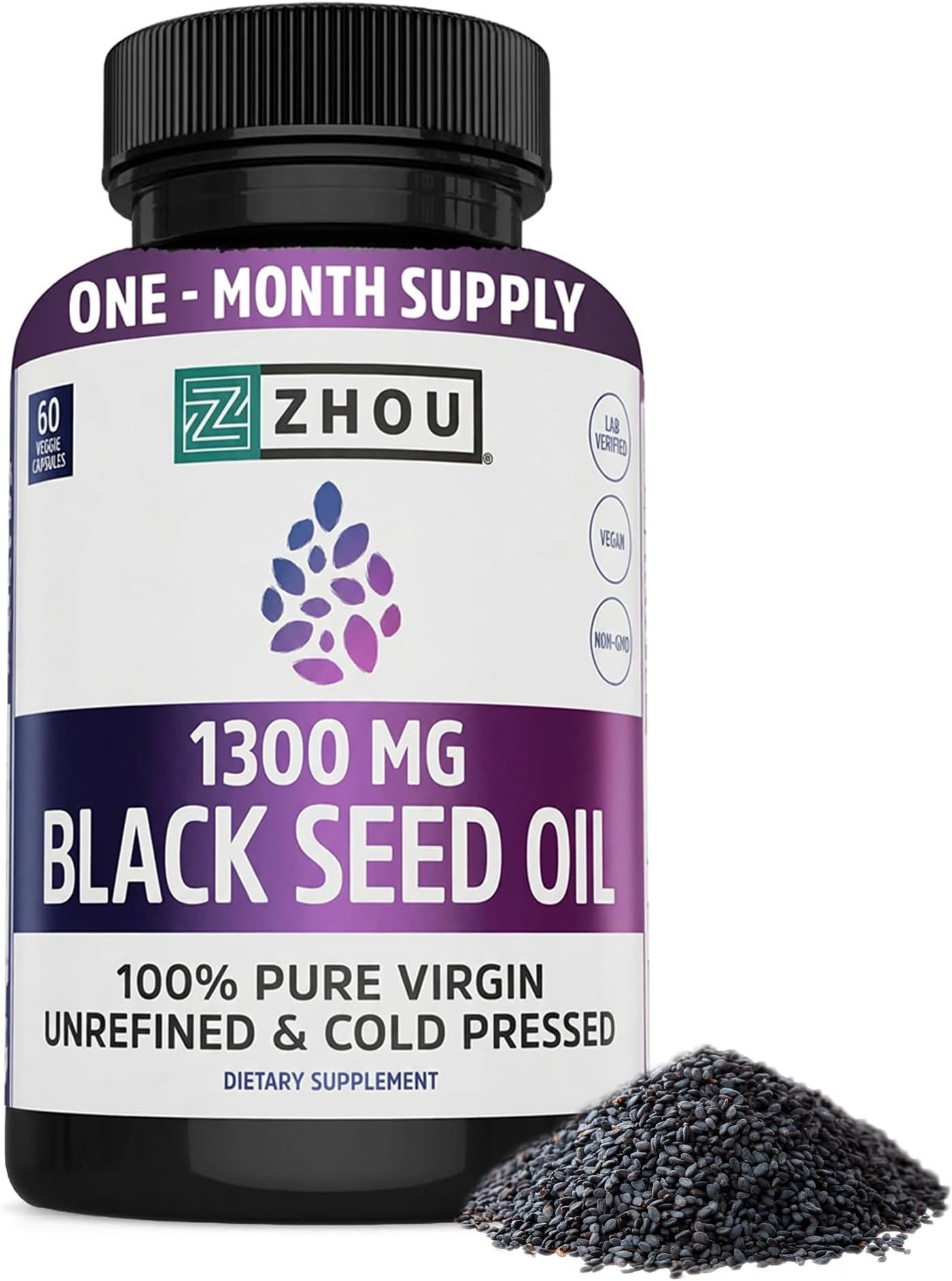 ZHOU Black Seed Oil Capsules - Nigella Sativa - 60 Capsules (Pack of 1) | Black Cumin Seed Oil Cold Pressed, Pure Unrefined Blackseed, Premium Supplement for Health, Hair & Skin w/ Thymoquinone