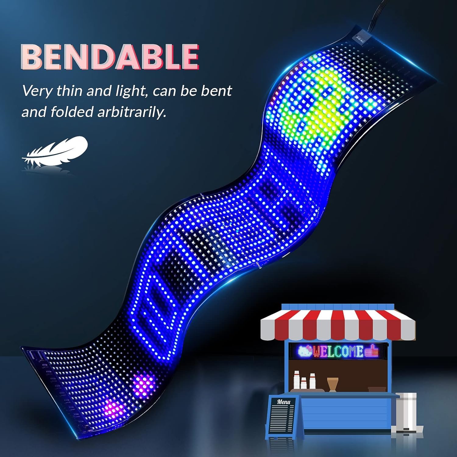 led laufschrift programmierbar, 68x12 cm Flexible LED Anzeige Board mit APP-Steuerung, Vollfarbig Devil Eyes Matrix Panel Display für Werbung, Party, Bar, Hotel
