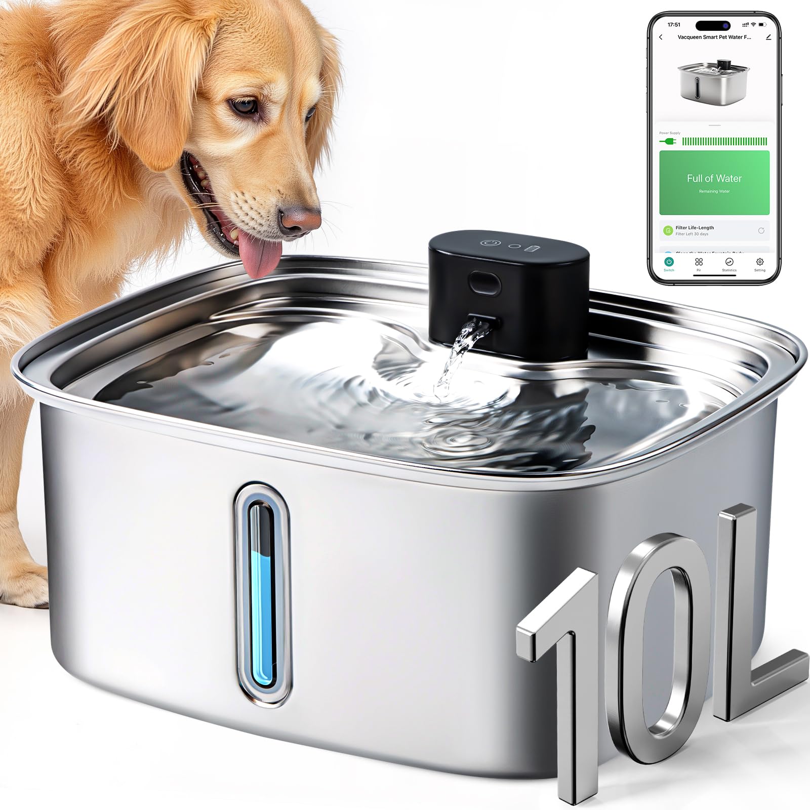 Dog Water Bowl Dispenser Large, 10L/ 338Oz Smart Dog Water Fountain Stainless Steel with APP Monitoring, Automatic Cat Water Fountain for Mutil-Pets Large Dogs 2.64Gal, 3 Fountain Modes 2.4G Wi-Fi