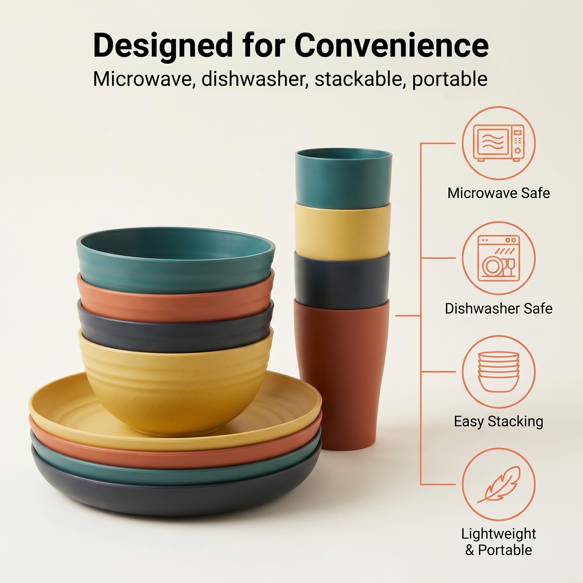 Service de table 32 pièces en plastique incassable - Assiettes plates, assiettes à salade, bols et tasses pour camping, pique-nique et fête, passe au micro-ondes et au lave-vaisselle