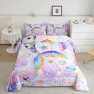 Mermaid Tail Kids Comforter Set Queen Size,Seahorse Jellyfish Shell Coral Bedding Set,Girls Boys Adults Room Decor,Ocean Animals Starfish Down Comforter,Pink Purple Chic Duvet Insert,2 Pillowcases