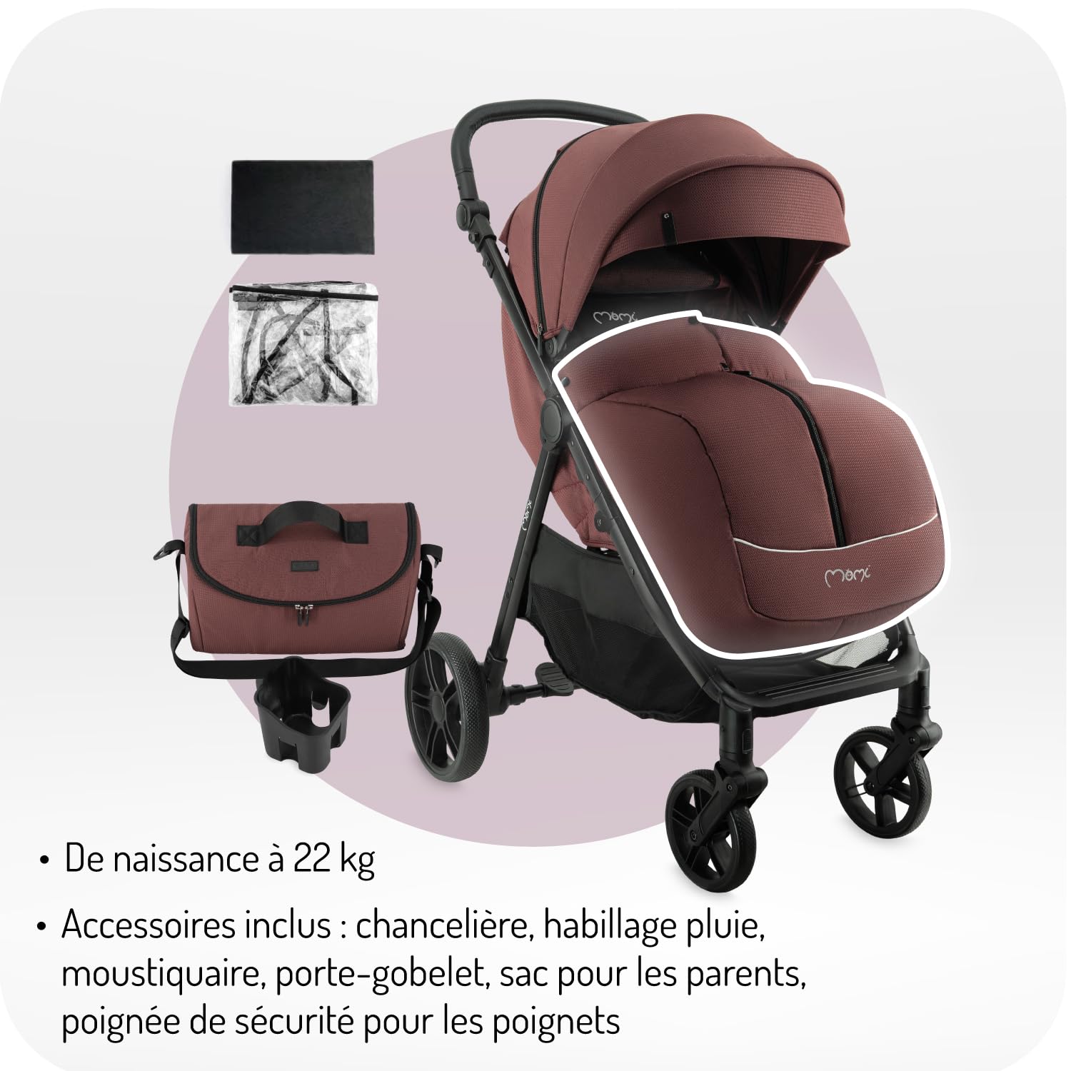 Poussette MoMi CLARA à partir de 6 mois, jusqu'à 22 kg de poids corporel, harnais de sécurité 5 points, couvre-jambes, porte-gobelet, panier de courses, sac, moustiquaire, habillage pluie