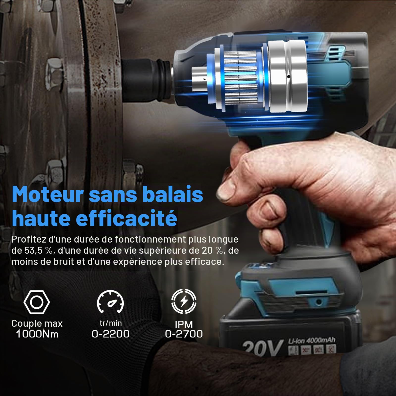 Clé à Chocs Sans Fil Brushless 1000N.m compatible avec Makita 18 V batterie | Boulonneuse Electrique avec 6 Douilles à Chocs, 1/2" Boulonneuse a Choc Electrique pour la Voiture et la Maison