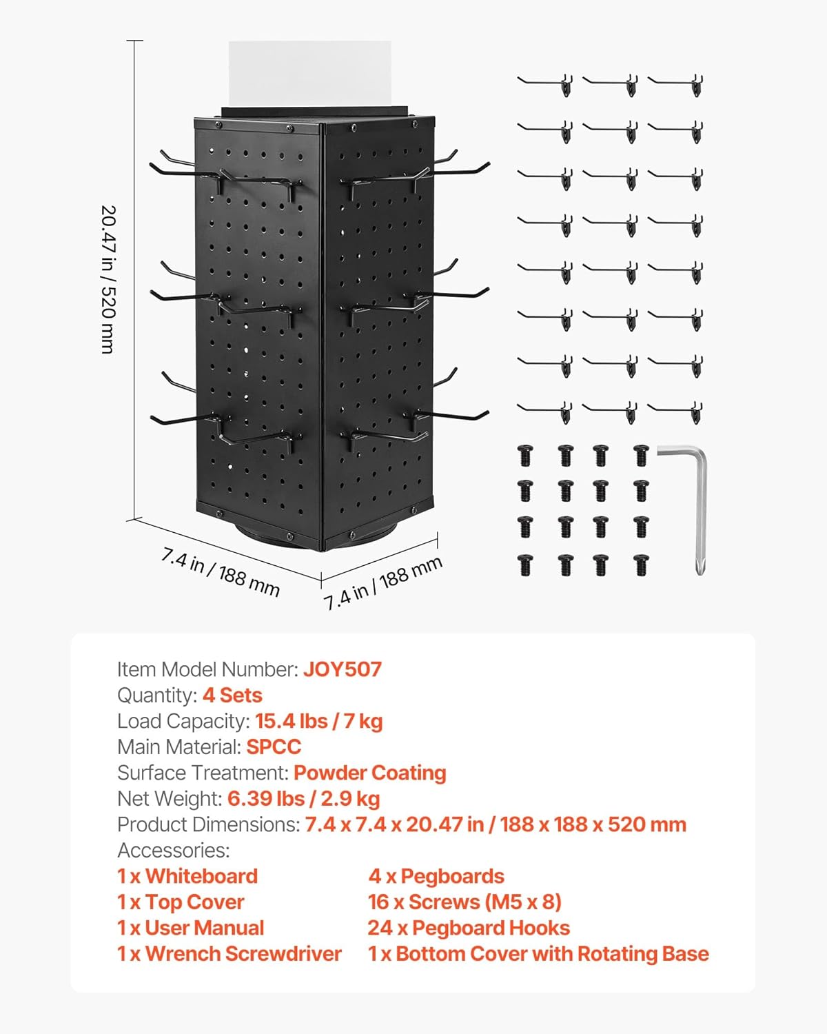 VEVOR Rotating Pegboard Display Stand, 7.4 x 7.4 x 17 in 4-Sided Spinning Peg Board Display with 24 Hooks, Thickened Cold-Rolled Steel Craft Rack Organizer for Grocery Retail Store Jewelry Shop, Black