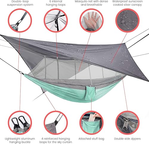 Miniatura 2 de MIFXIN - Hamaca de nailon con mosquitero, toldo de tienda de campaña, correas para árbol, portátil y bolsa de almacenamiento para acampar,
