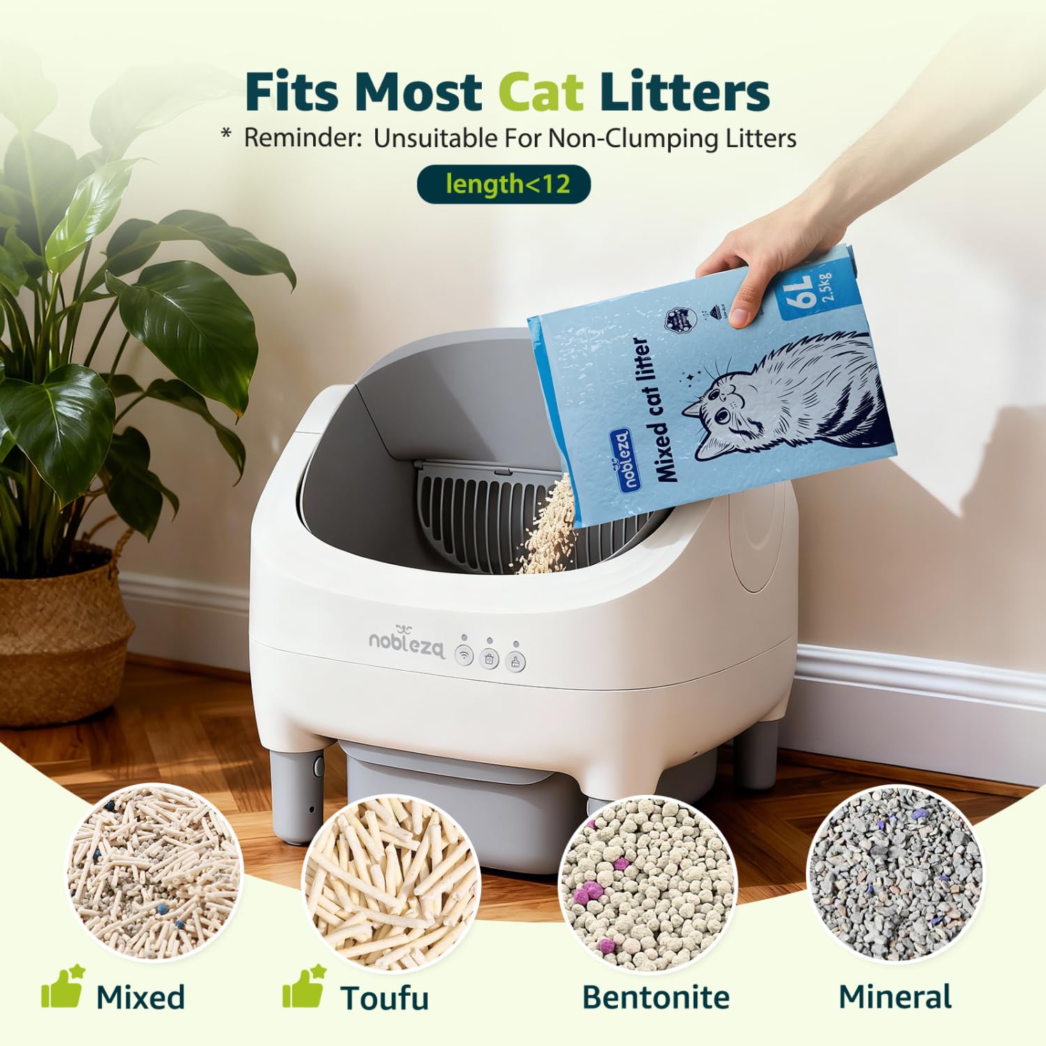 Nobleza Arenero Autolimpiable para Gatos SL03 - Caja de Arena Automática con Control por App, Diseño Abierto y Seguro, Capacidad XXL 12L para Varios Gatos, Incluye Bolsas y Ambientador, Blanco