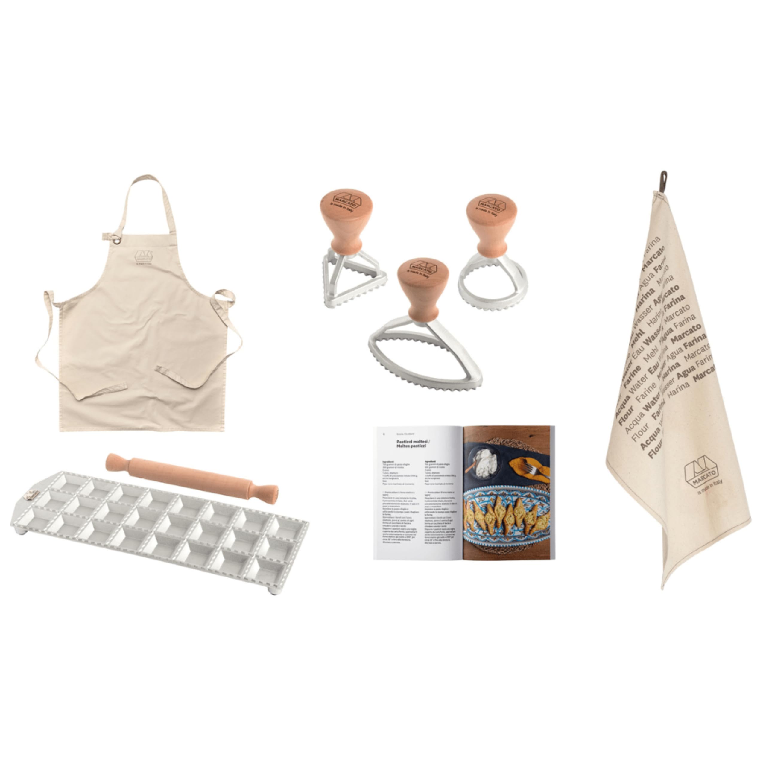 MARCATO Ravioli Set 7-teilig Nudelholz Ravioli-Form Stempel Schürze Kochbuch