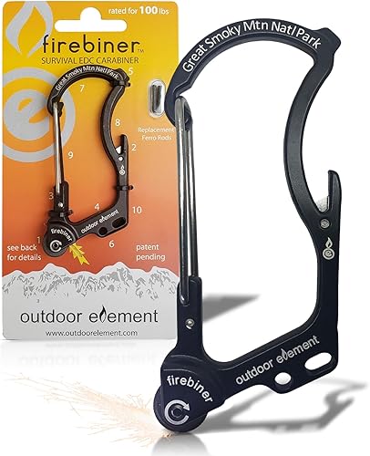 Miniatura 33 de OUTDOOR ELEMENT Firebiner Custom Engraved 6-in-1 Fire Starter Carabiner Multitool – Survival Gear EDC Keychain with Utility Blade, Bottle Opener, GT