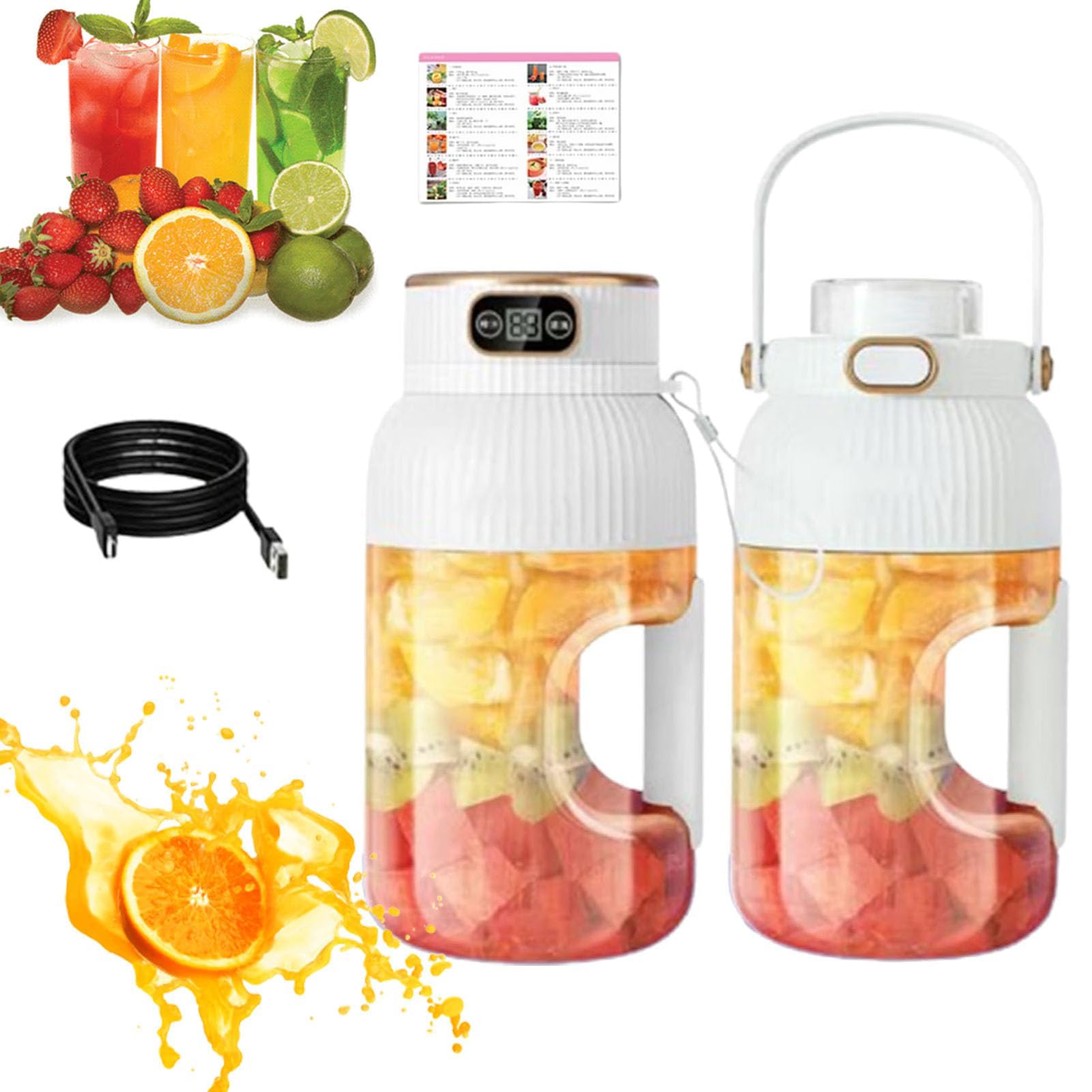 Multifunctional Portable Juicer Cup with Digital Display, USB Rechargeable Large Capacity Portable Blender, Perfect for Smoothies, Smoothies (White, 2 Cups+2 Lids)