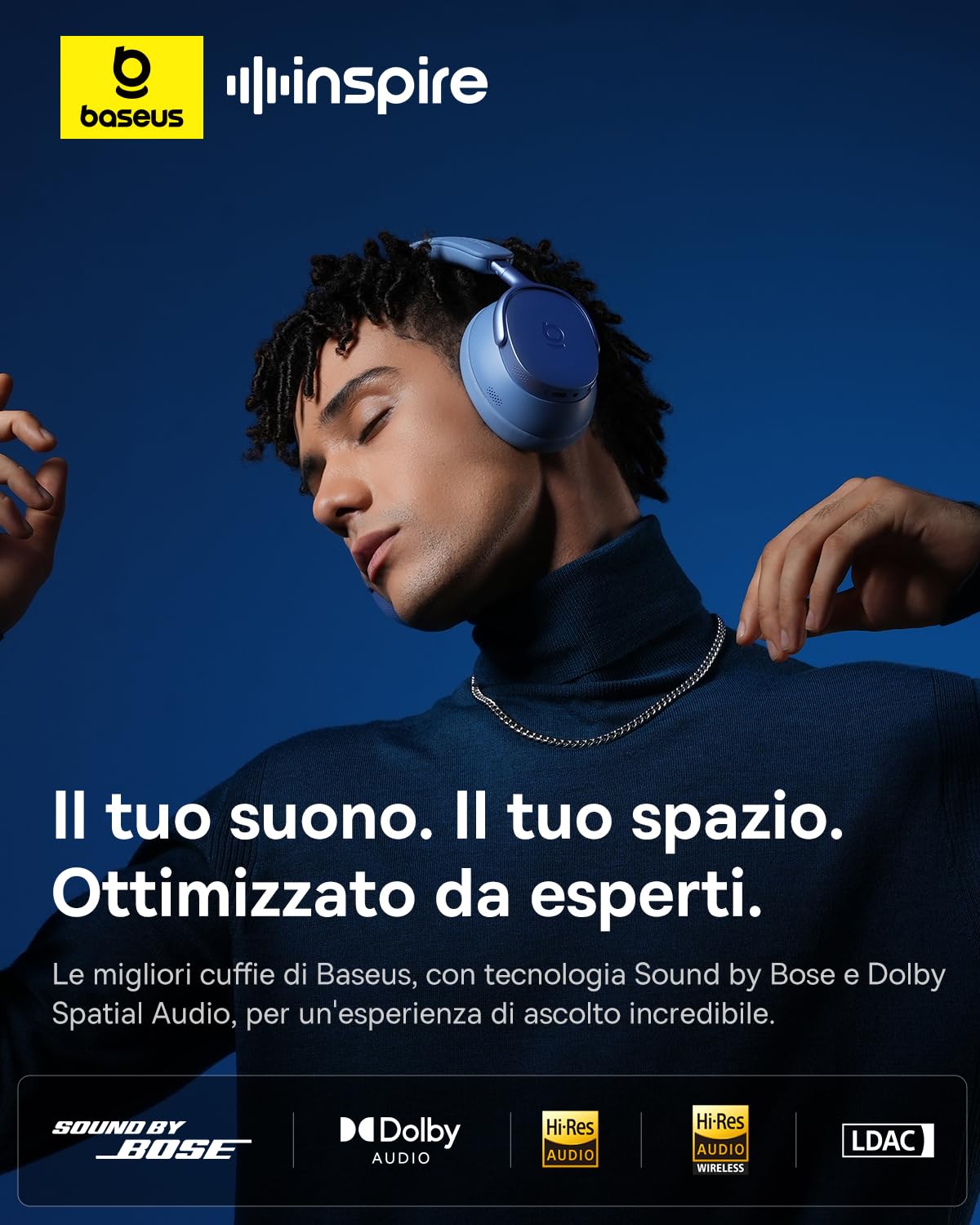 Baseus Inspire XH1 Cuffie Bluetooth Cancellazione Rumore Attiva, Sound by Bose, Nuvola di Conforto, Dolby Audio & Hi-Res per un Suono Incredibilmente Dinamico, Autonomia 100 h, Blu Crepuscolare