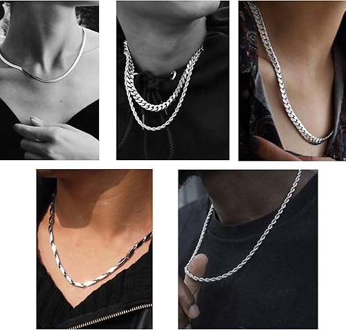 Miniatura 2 de stino 78PCs Stainless Steel Chain Necklace Set for Men Women, Silver Tone Necklace Chains Bulk, Figaro Chain, Snake Chain, Cuban Link Chain, Rope