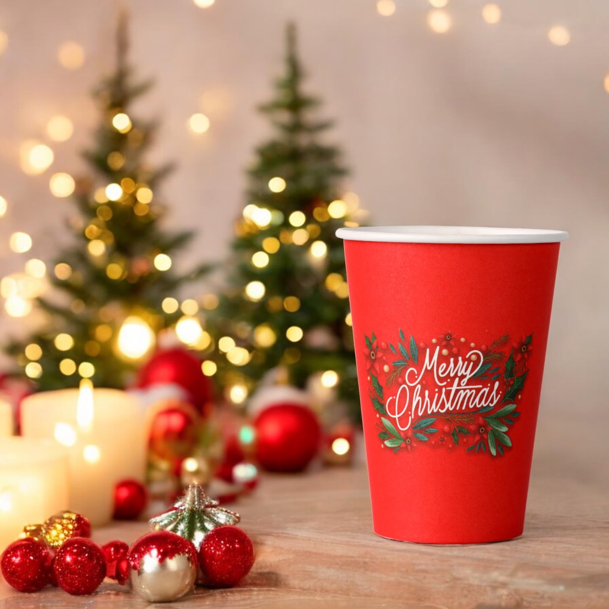 Mecup Vasos de Papel Navideños, Vasos Desechables Biodegradables, 800 Piezas, Taza de Café Navideña de 200 ml, Desechables, Para Bebidas Calientes y Frías, Diseño Navideño. Diseño: Merry Christmas
