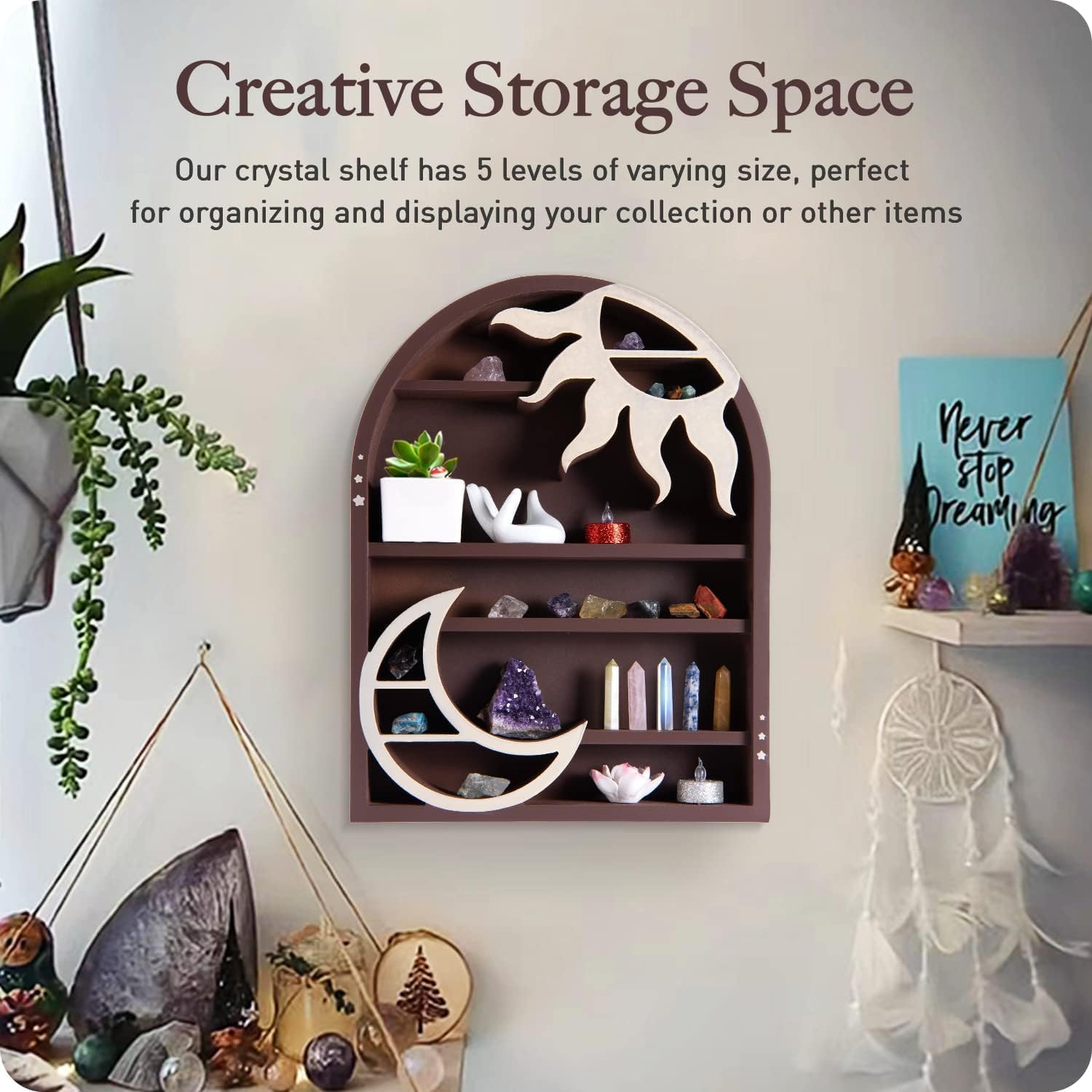 Wooden Crescent Moon Shelf - Moon Crystal Shelf Display Holder for Stone Display - Zen Wall Decor for Spiritual, Hippie, or Witch Room