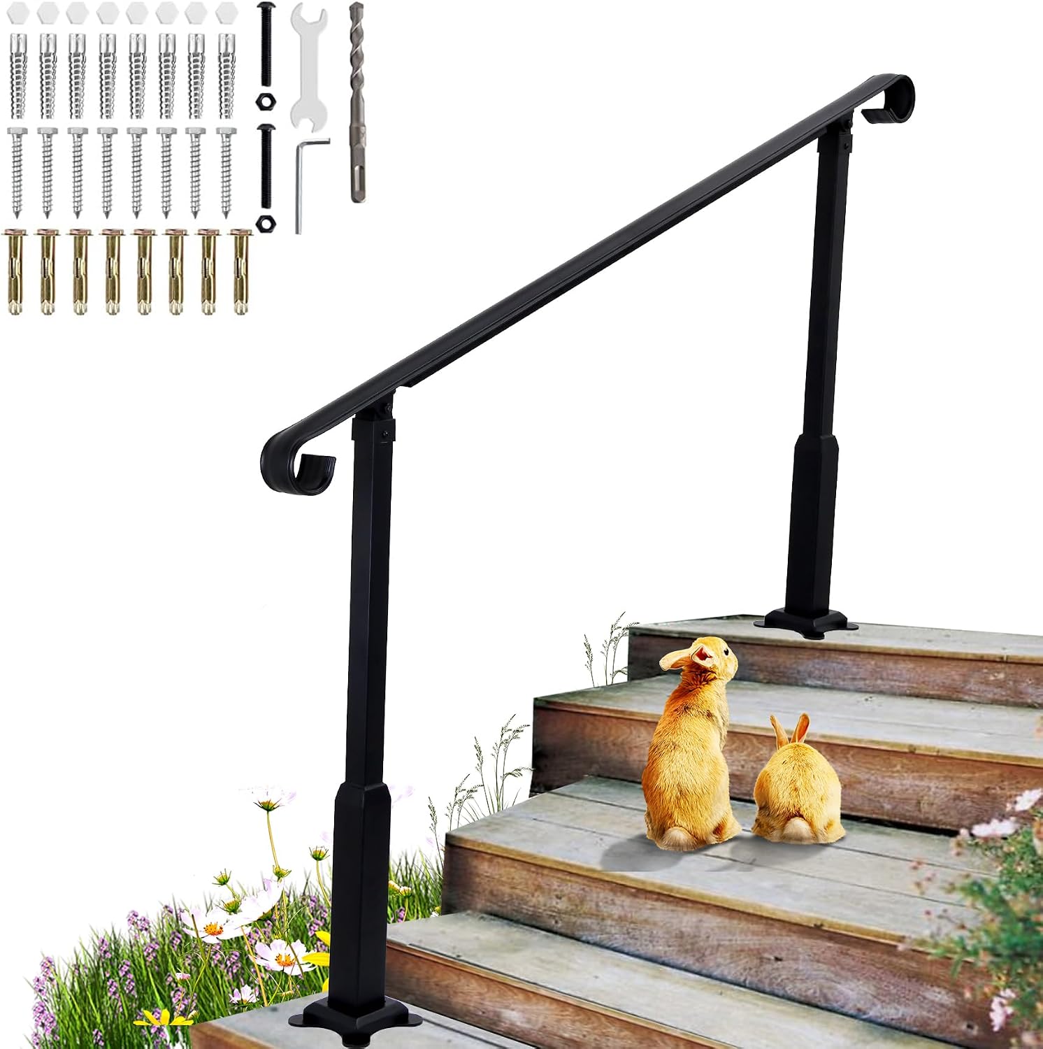 5Ft Step Handrail Wrought Iron Stair Rail Fits 4 or 5 Steps Handrails with Installation Kit Hand Rails for Outdoor Steps