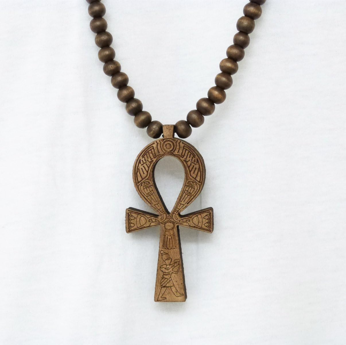Fashion 21 Egyptian Ankh Cross Pendant 8mm 36" Wooden Bead Necklace Brown- Tone XJ217BRN