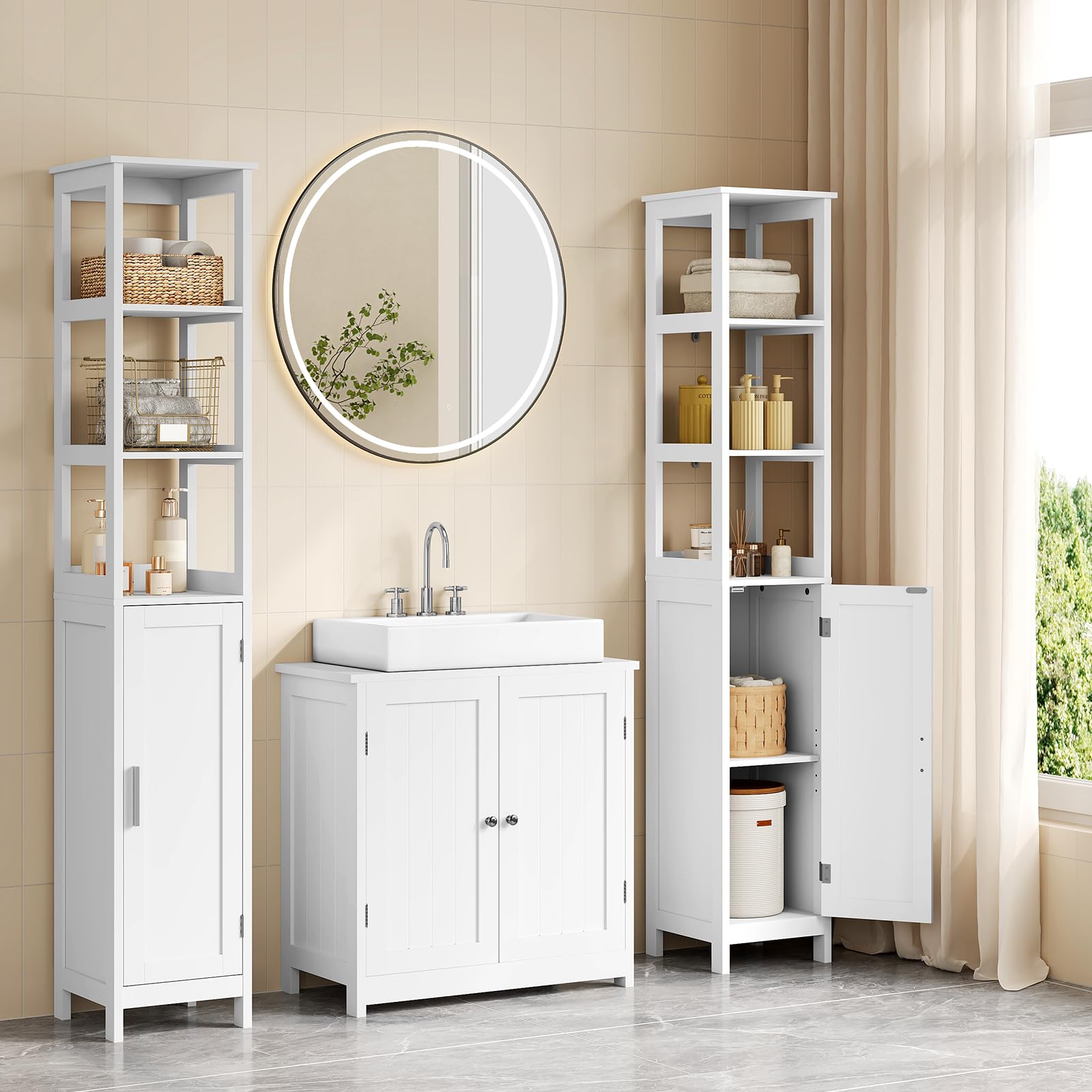 EUGAD Mueble de Baño, Armario Columna con Estantes Abiertos, Estanteria de Almacenaje, 30x30x163 cm, Mueble Auxiliar Estrecho para Baño, Sala de Estar, Estudio y Oficina, Blanco, 002WDG
