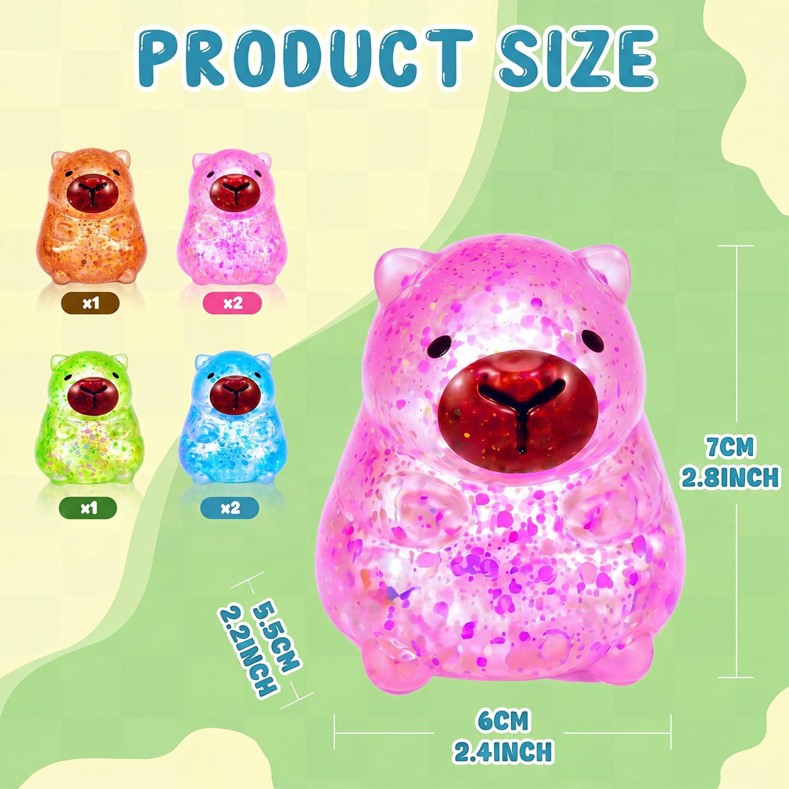 Simgoing 6 piezas sensoriales para aliviar el estrés con purpurina capibara apretar, 4 colores, lindo relleno de azúcar de malta, elástico, para adultos, regalo relajante para fiesta de cumpleaños