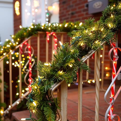 Miniatura 5 de Guirnalda de Navidad preiluminada de 9 pies, 50 luces LED artificiales para escaleras, pared, puerta, interior y exterior, guirnalda con