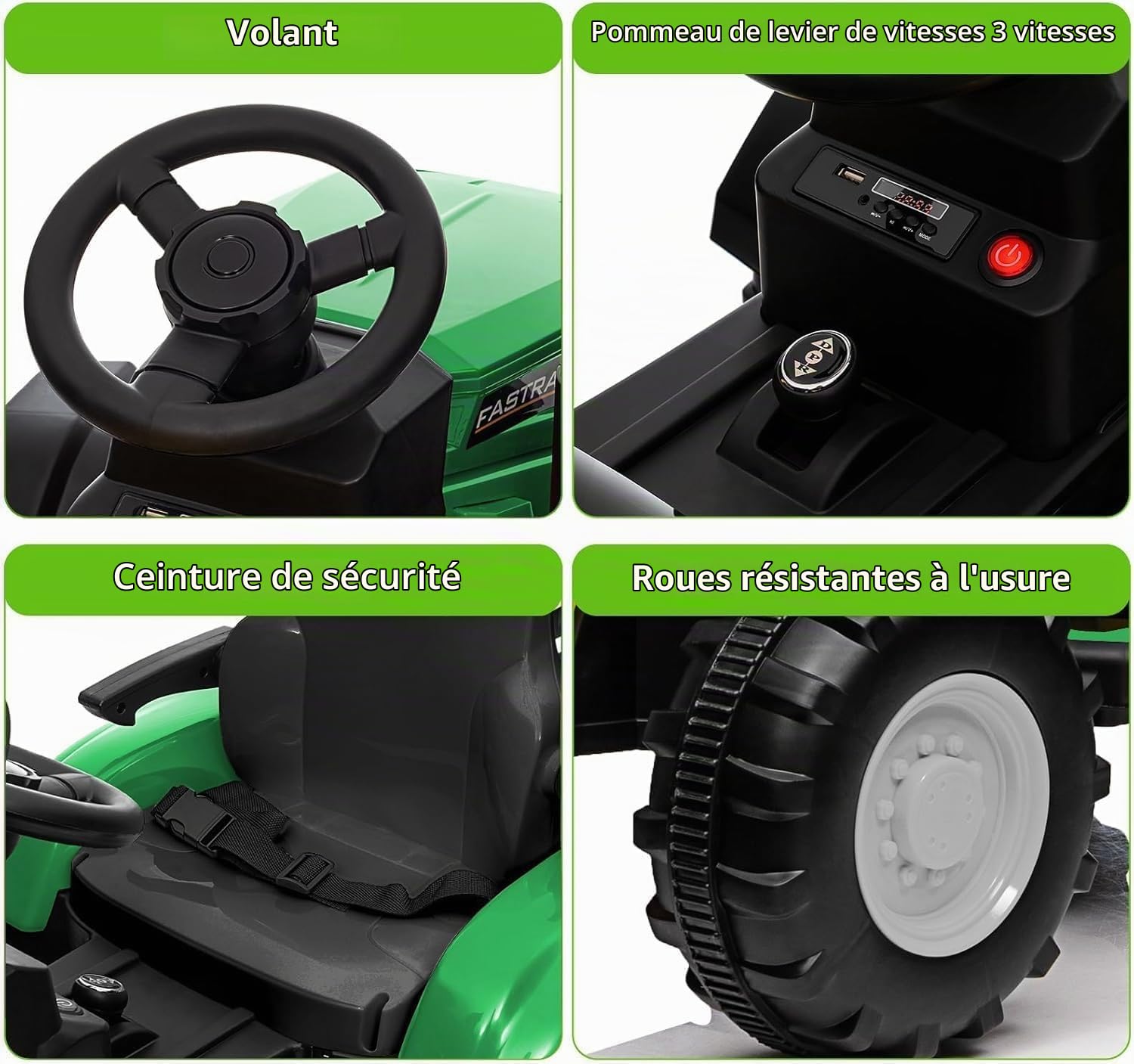 Tracteur électrique pour Enfants 12 v avec Remorque Amovible, Télécommande, Deux Moteurs, Klaxon, Musique/USB, 7 Lumières LED, Voiture à Pédales pour Les Enfants De 3 Ans Et Plus (Vert)