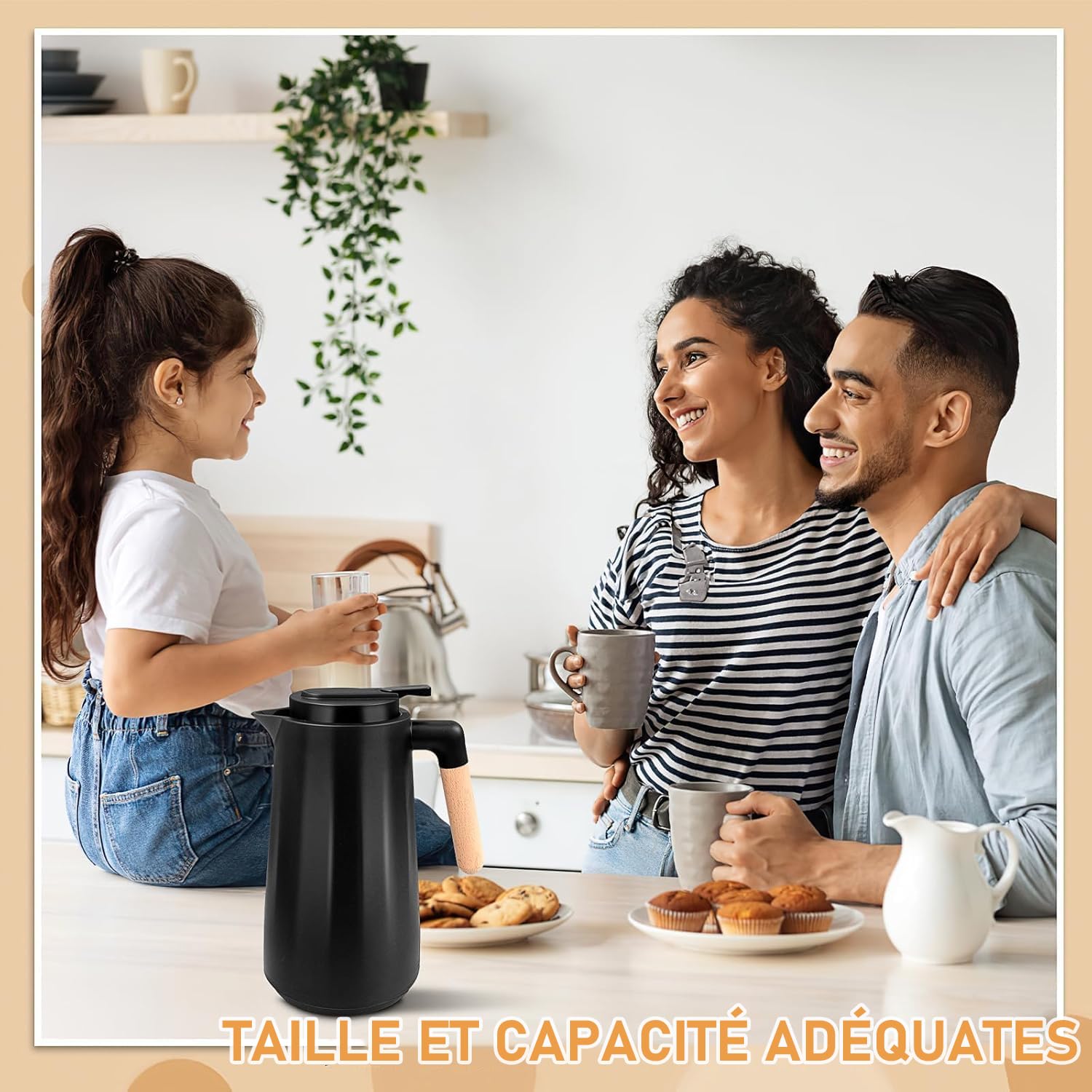 Lot de 2 Carafes Isothermes 1 L avec Doublure en Verre et Poignée en Bois - Pichet Thermique Double Paroi Sous Vide, Jug pour Café, Thé, Lait ou Chocolat Chaud, Noir