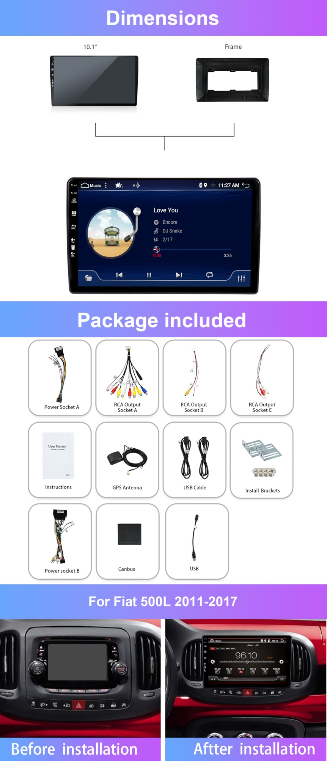 Autoradio Android 15 Per Fiat 500L 2013-2019 - 7" Touchscreen, 8 Core, 6+128GB, Wireless CarPlay/Android Auto, GPS