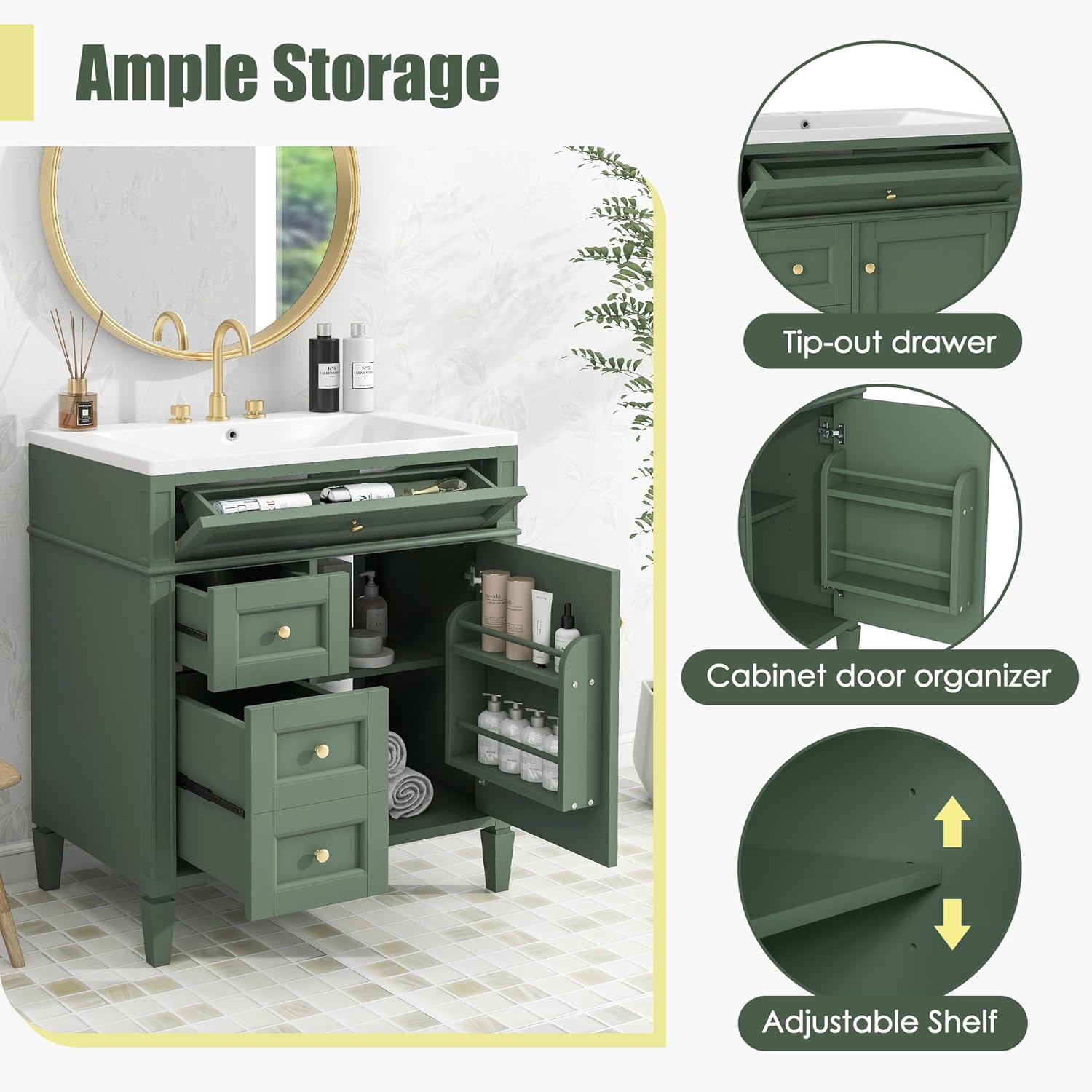 Bathroom Vanity with Resin Top Sink, Modern Storage Cabinet with 2 Drawers and a Tip-Out Drawer, Single Sink Bathroom Vanity 30" L * 18" W * 33" H Green