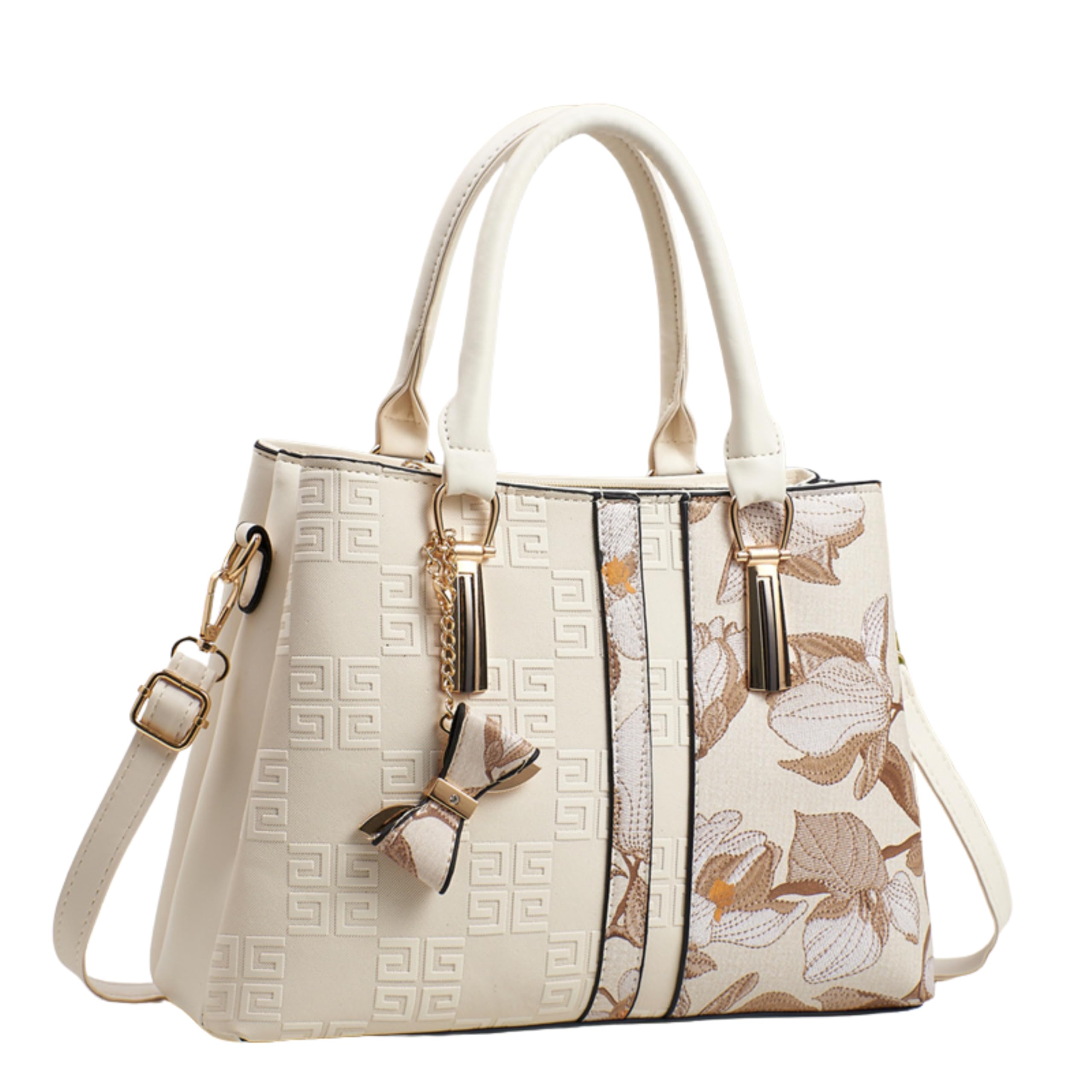 Women’s Premium PU Leather Handbag | Floral Embossed Designer Top-Handle Tote with Shoulder Strap & Charm | Spacious Stylish Purse for Office, Travel & Gifting-image-32